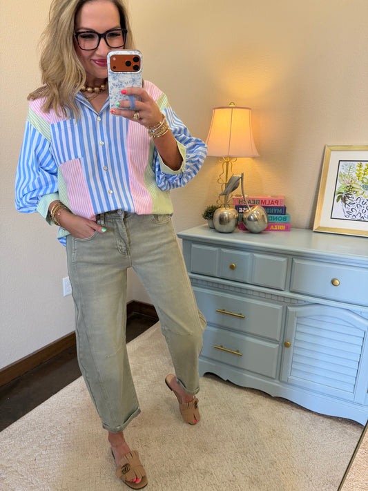 Blue & Pink Stripe Mix & Match Button Down Top