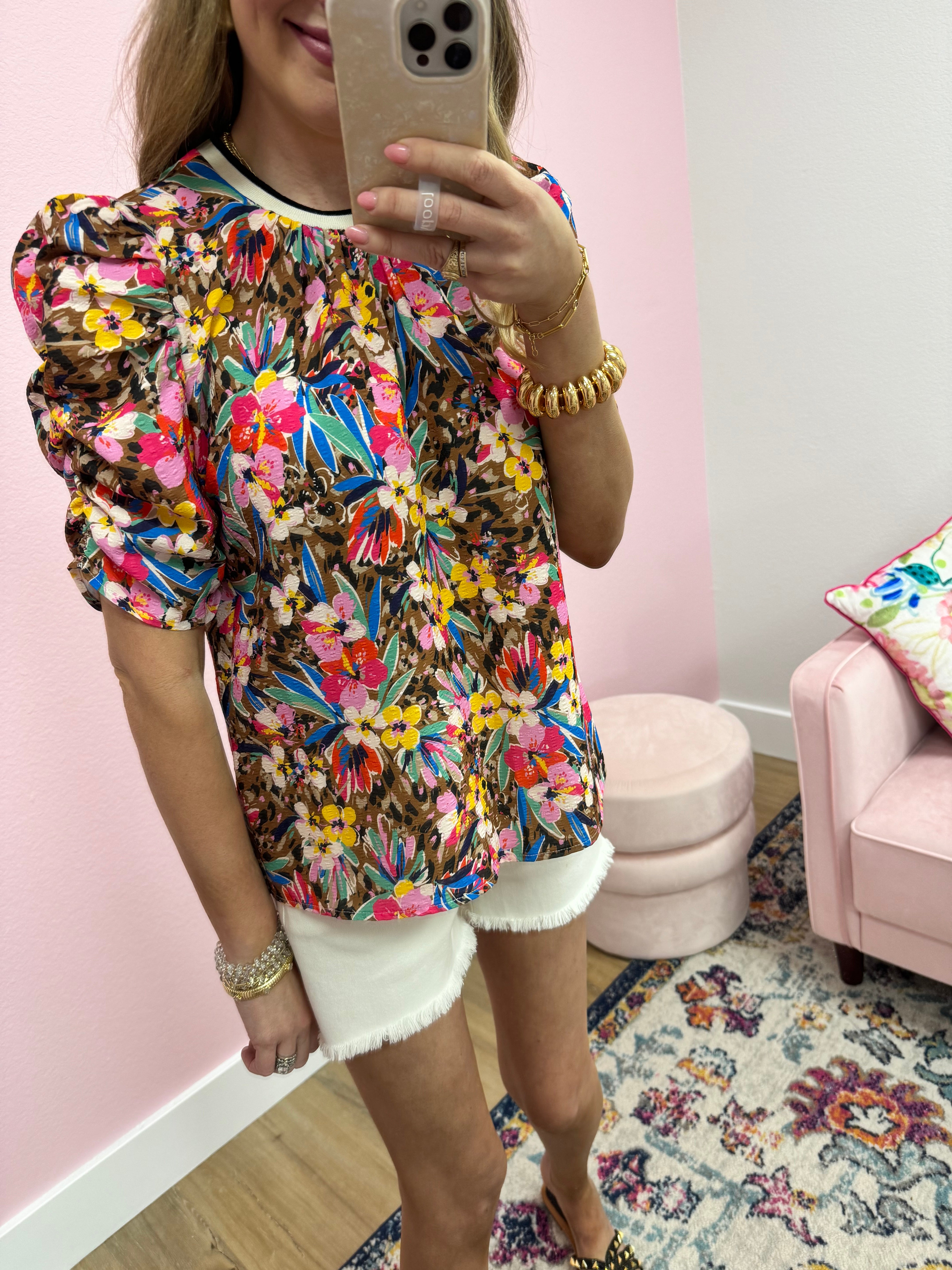 THML Ruched Sleeve Floral Top