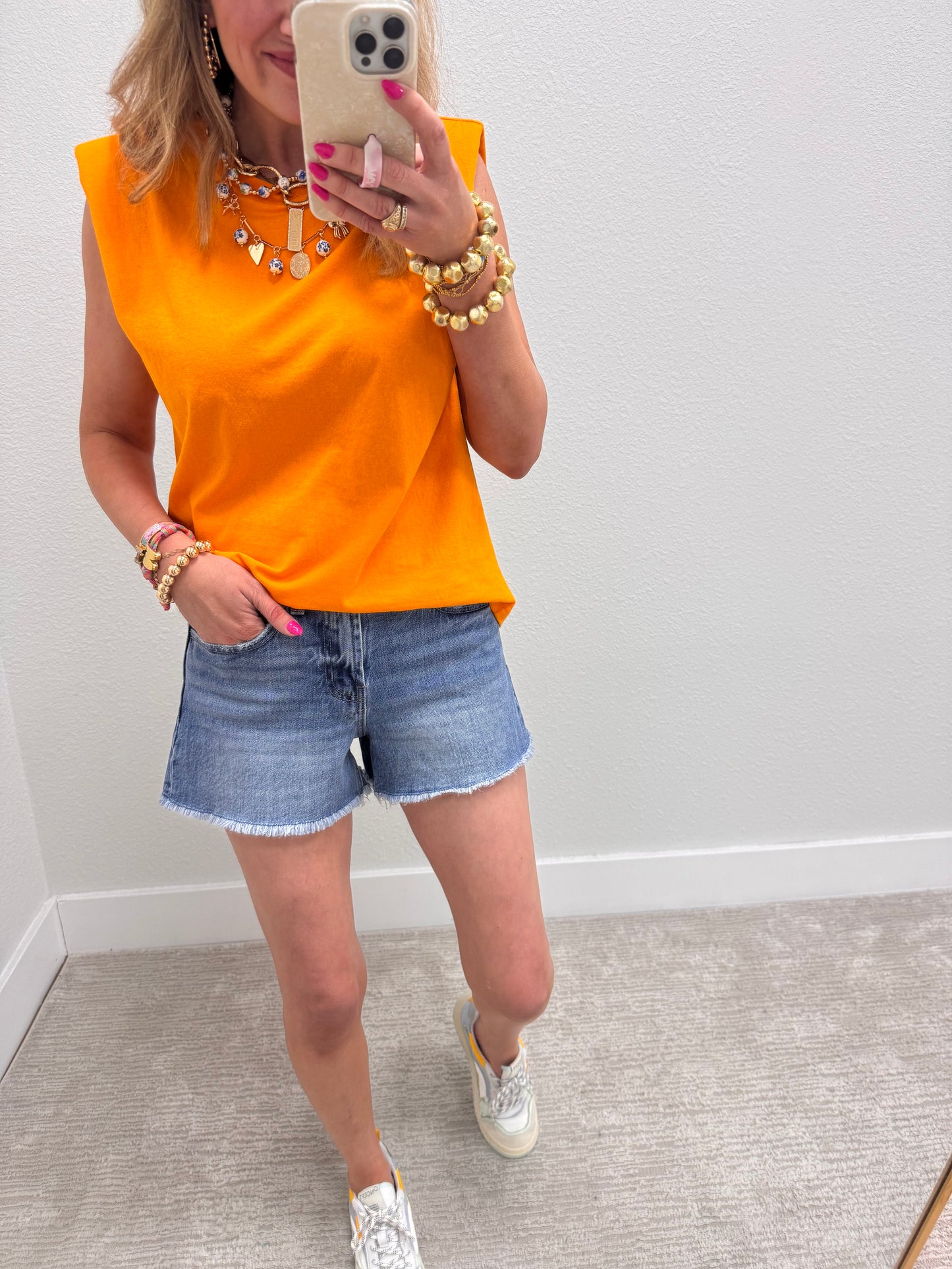 Orange Shoulder Pad Sleeveless Top