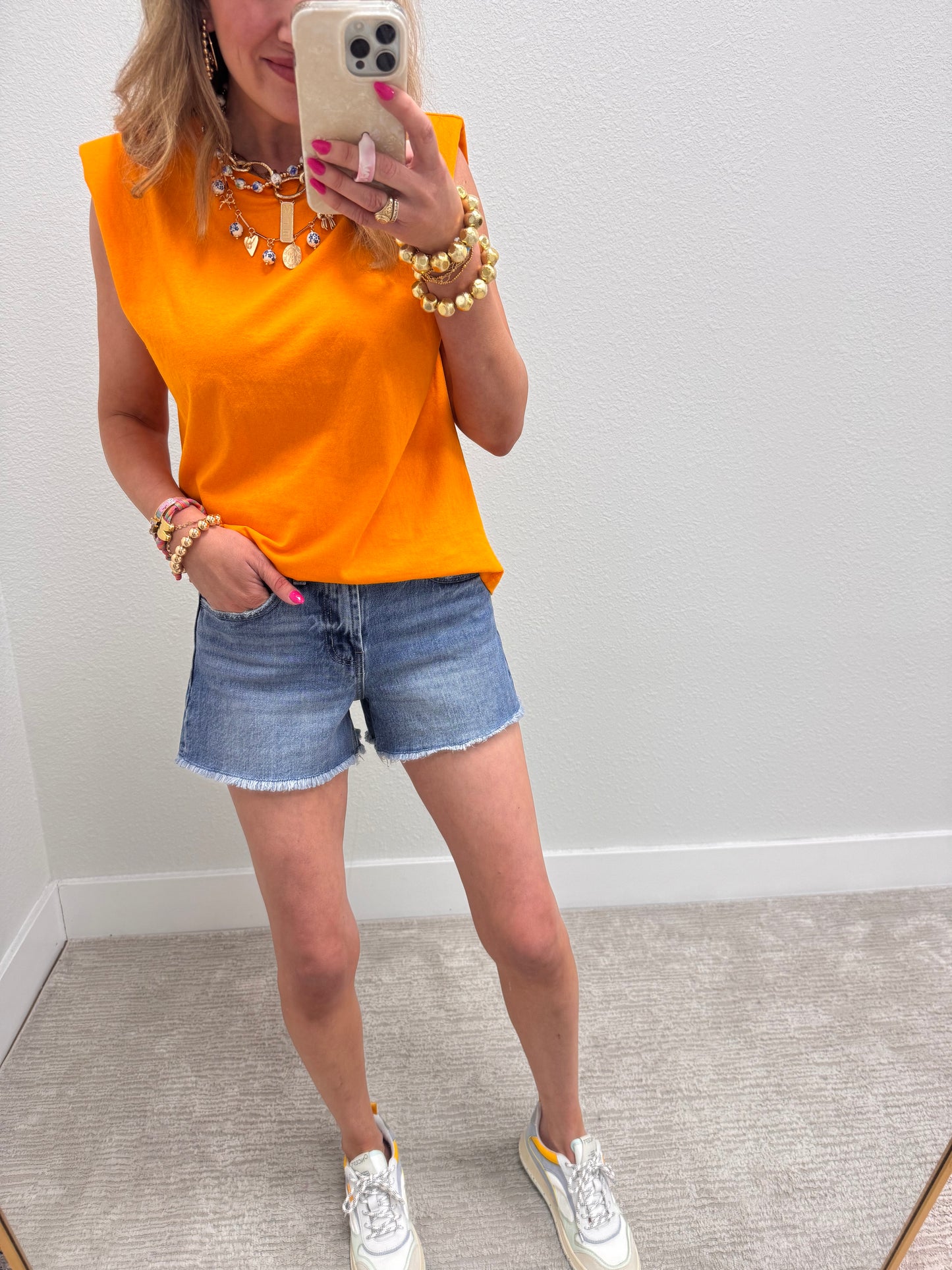 Orange Shoulder Pad Sleeveless Top