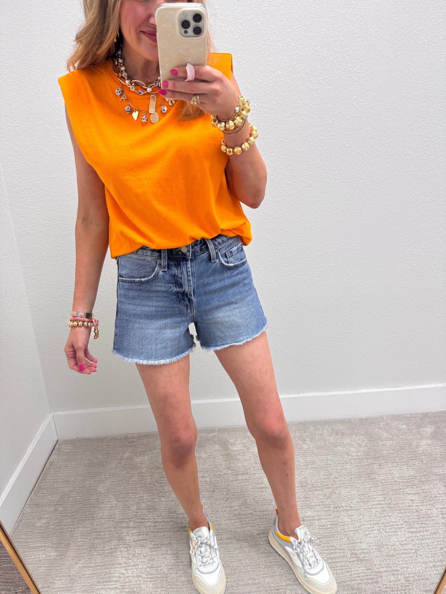 Orange Shoulder Pad Sleeveless Top