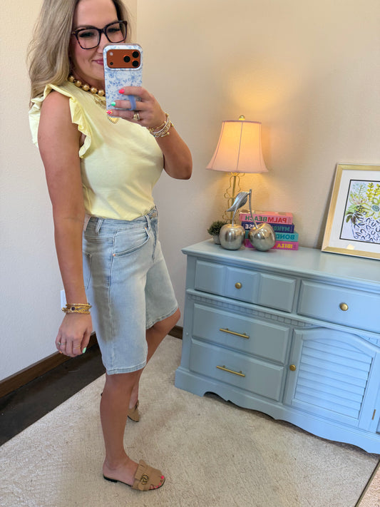Pale Yellow Ruffle Cap Sleeve Crew Neck Top