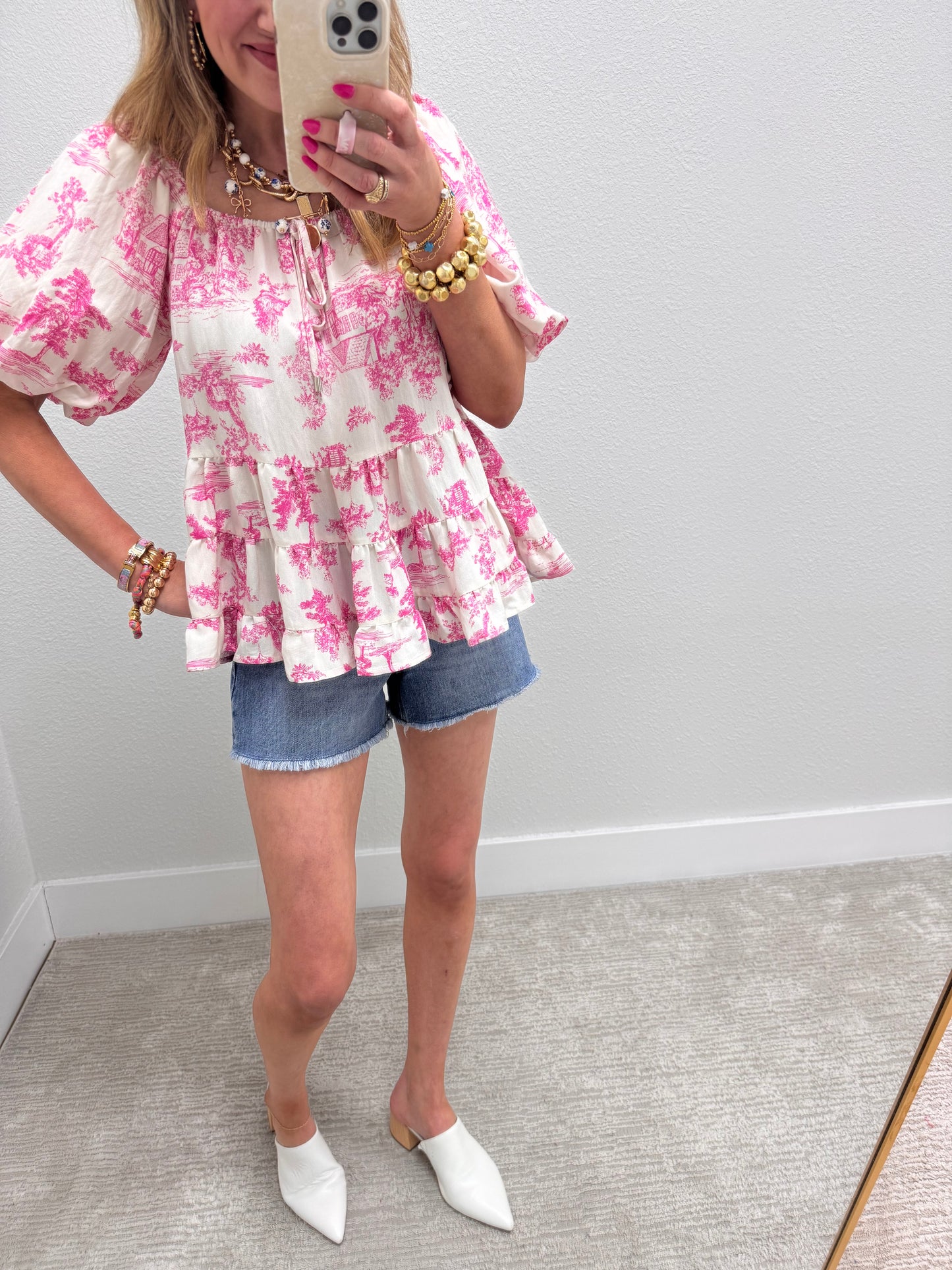 Pink Multi Toile Printed Tiered Top