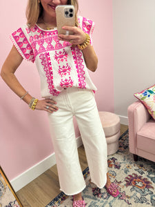 THML White Short Sleeve Pink Embroidered Top