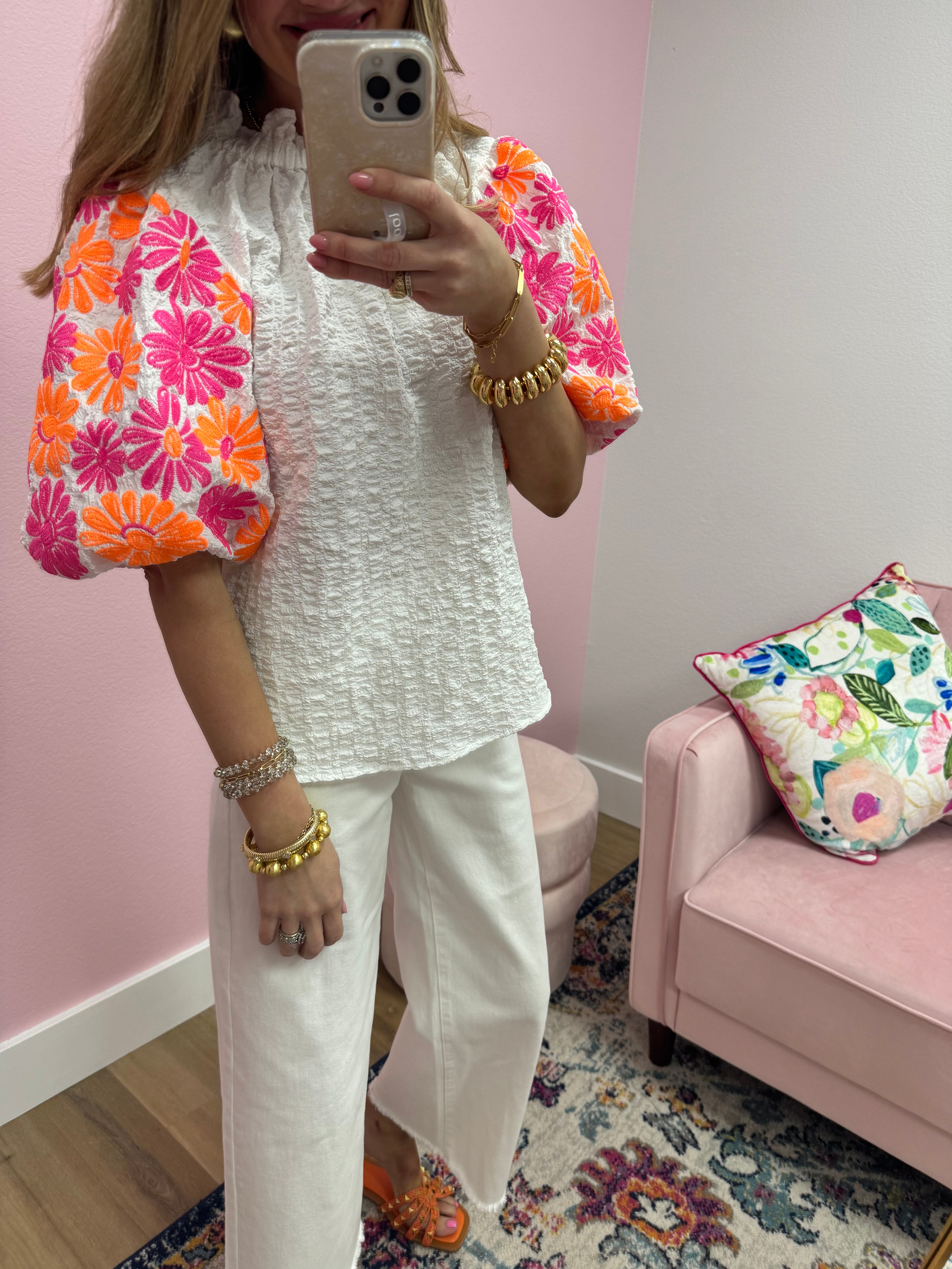 THML White Top With Pink/Orange Embroidered Sleeves