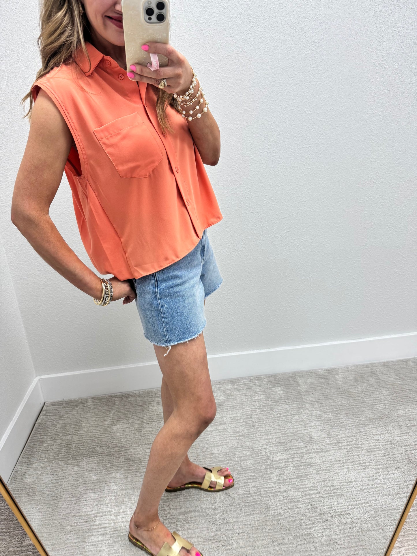 Lt Orange Sleeveless Collared Bubble Back Top FS