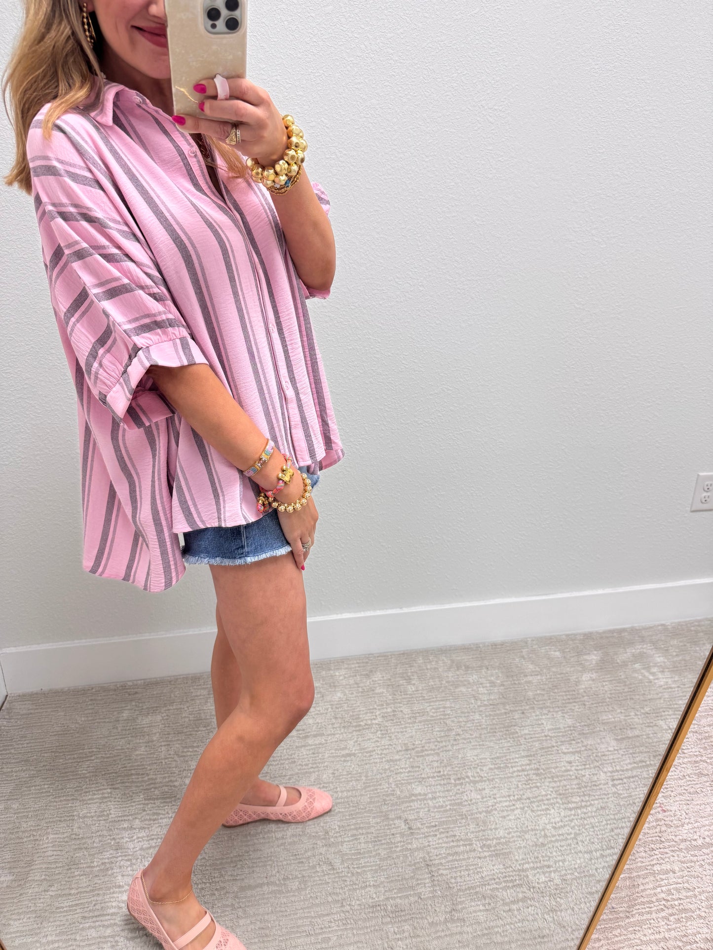 Pink Grey Woven Stripe Oversized Button Down Shirt