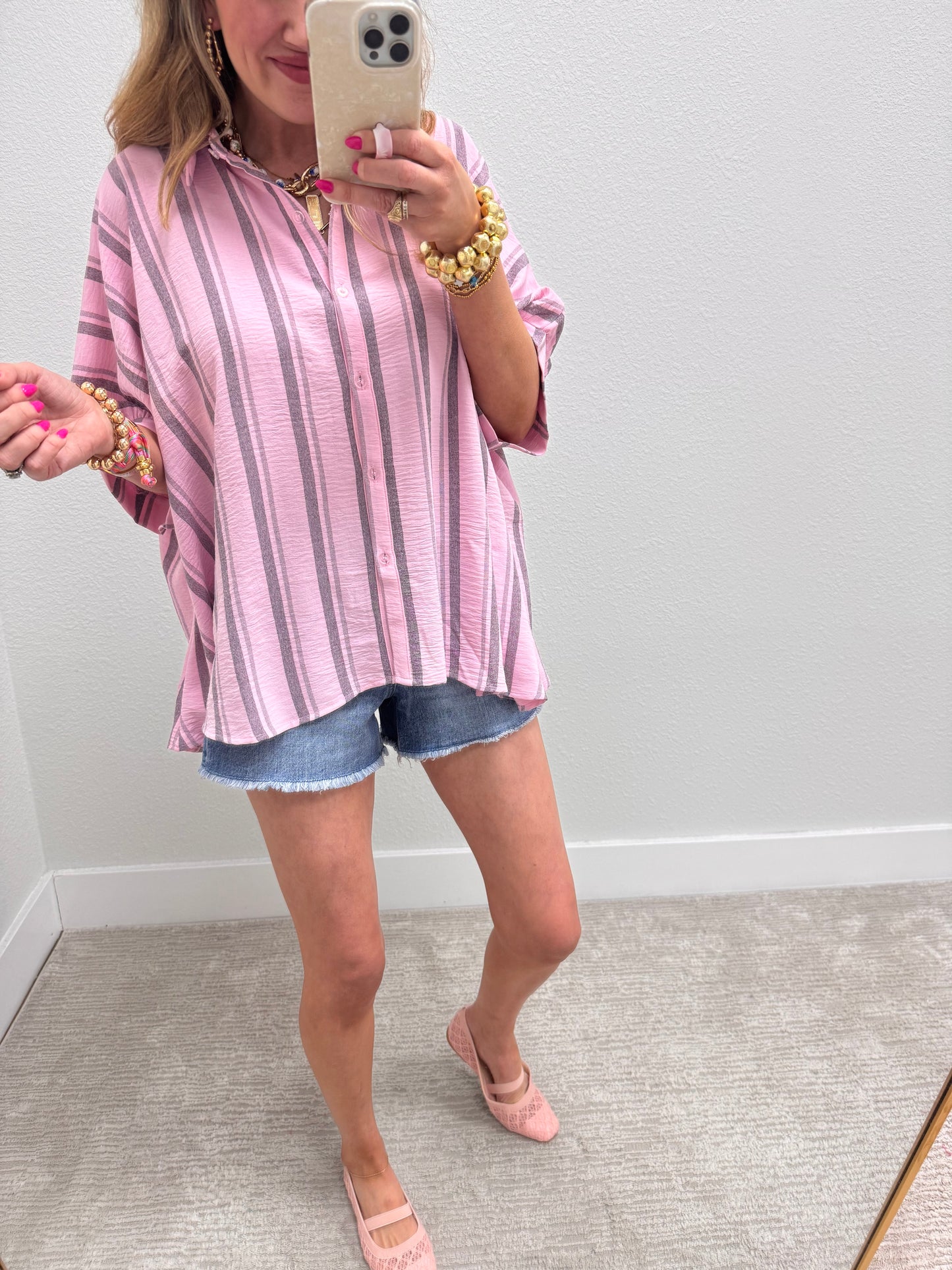 Pink Grey Woven Stripe Oversized Button Down Shirt