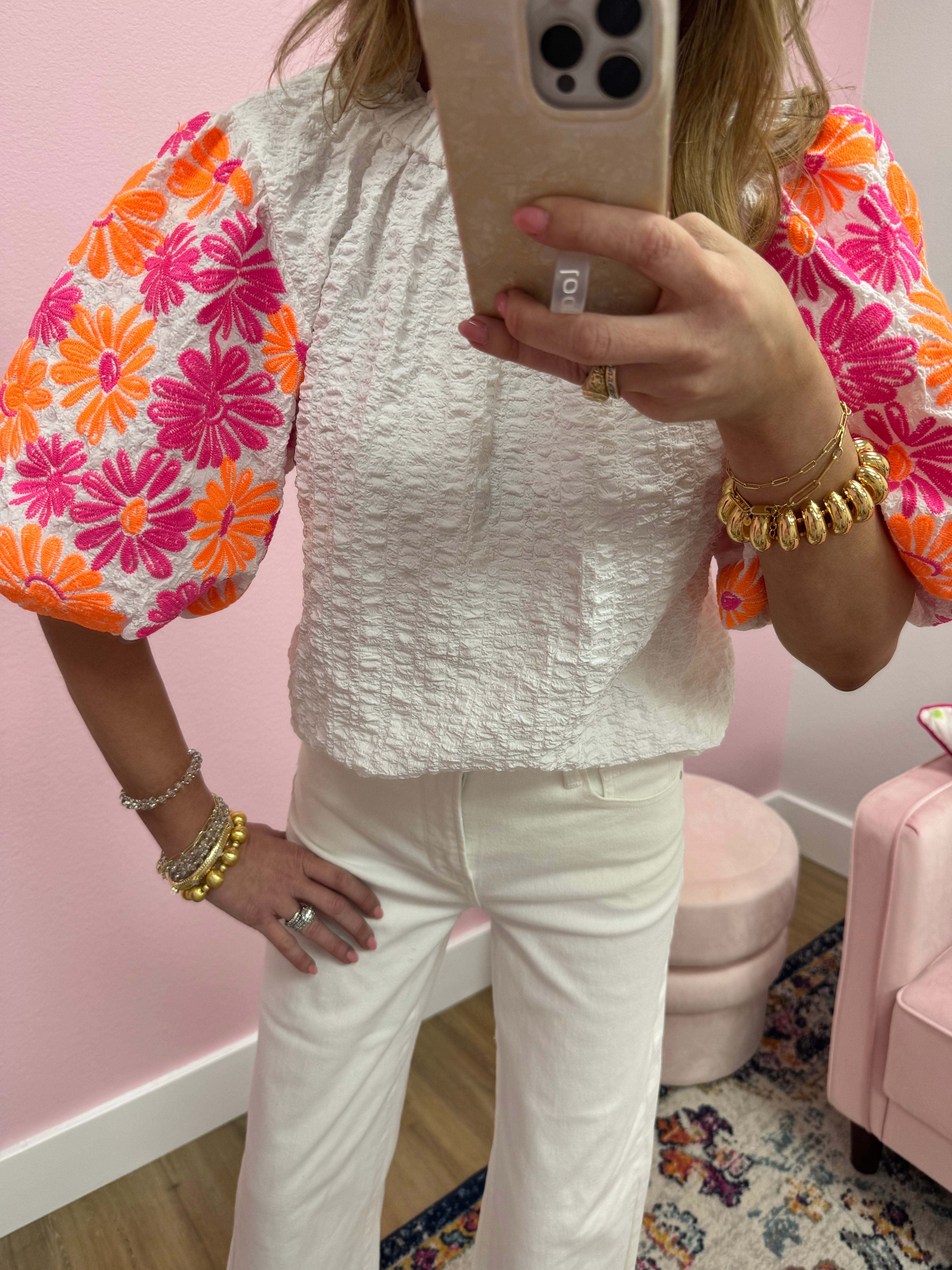 THML White Top With Pink/Orange Embroidered Sleeves