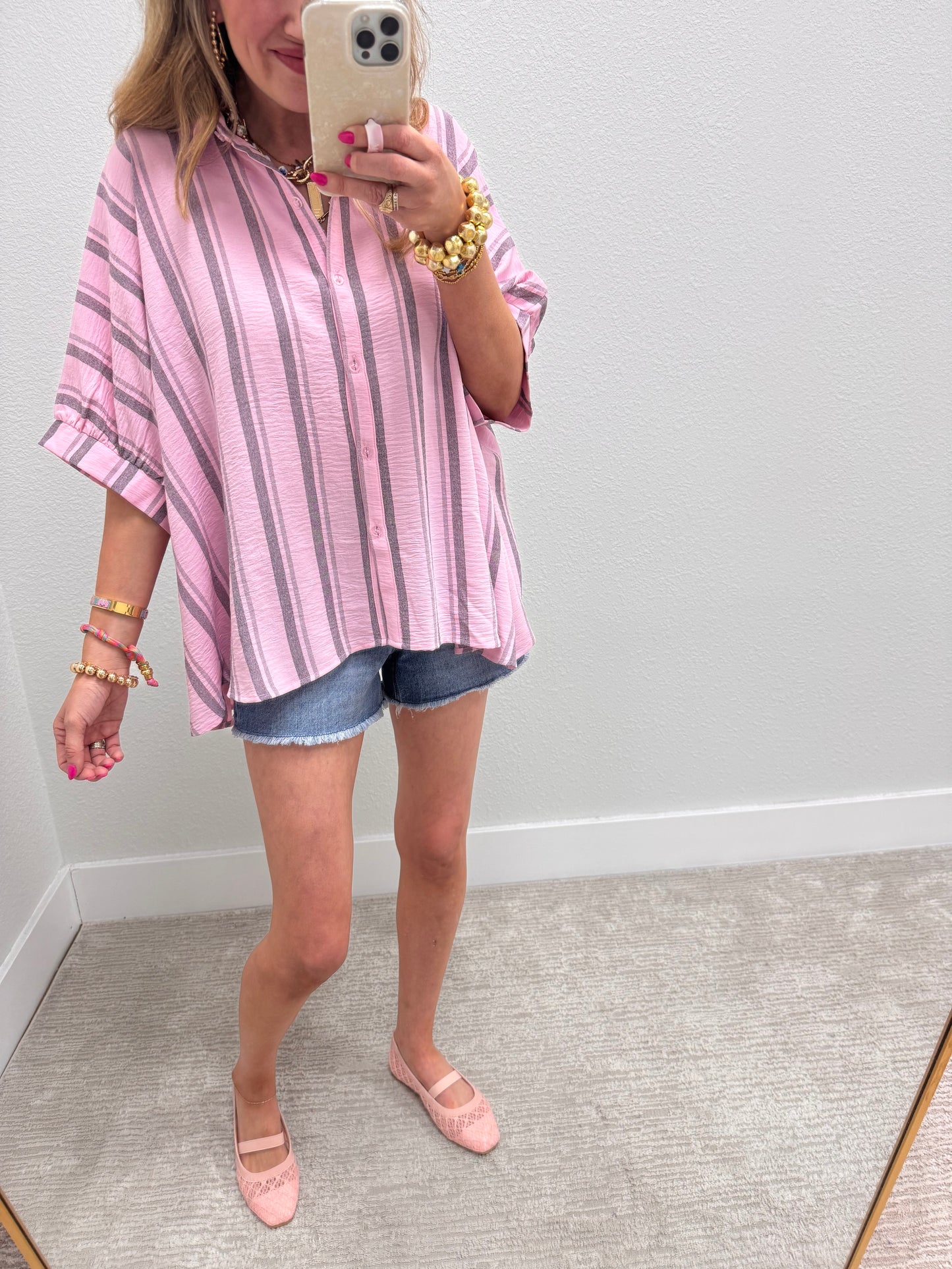 Pink Grey Woven Stripe Oversized Button Down Shirt