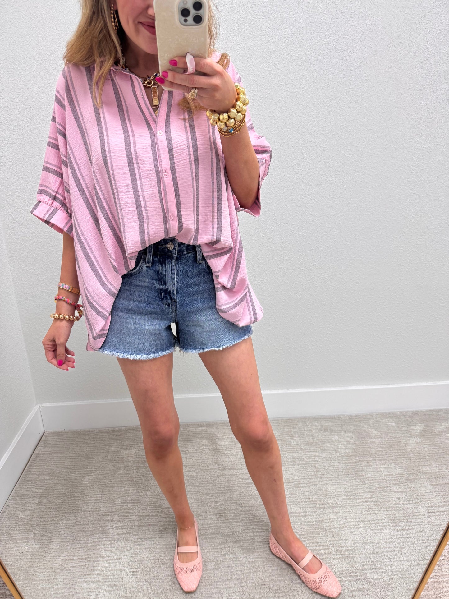 Pink Grey Woven Stripe Oversized Button Down Shirt