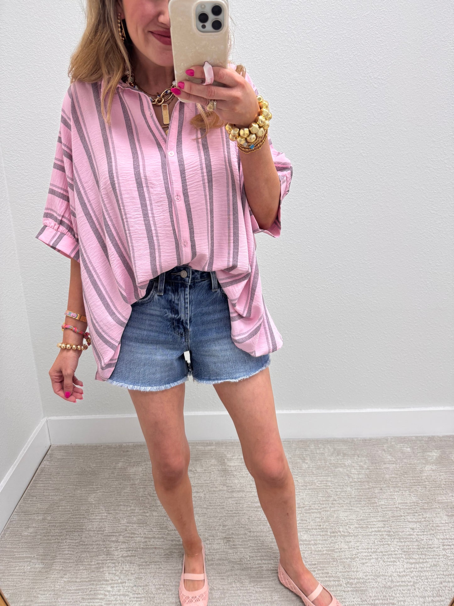 Pink Grey Woven Stripe Oversized Button Down Shirt