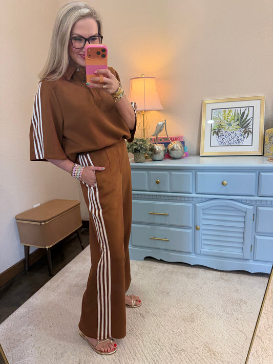 Chocolate Side Stripe Trim Scuba Two Piece Set