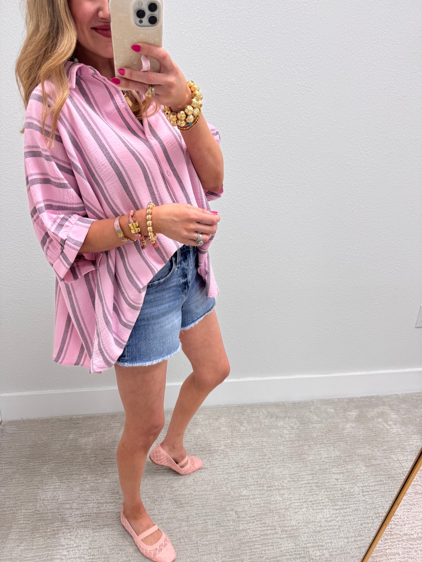 Pink Grey Woven Stripe Oversized Button Down Shirt