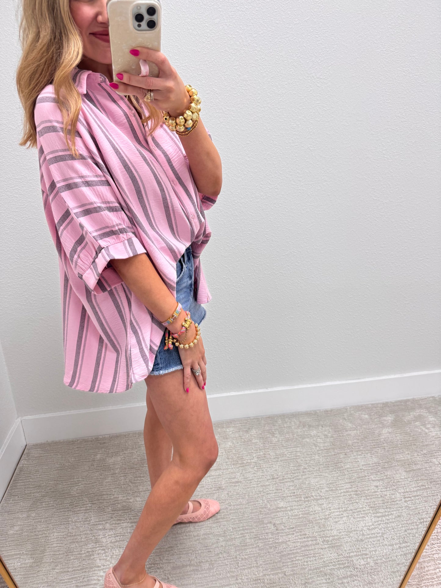 Pink Grey Woven Stripe Oversized Button Down Shirt
