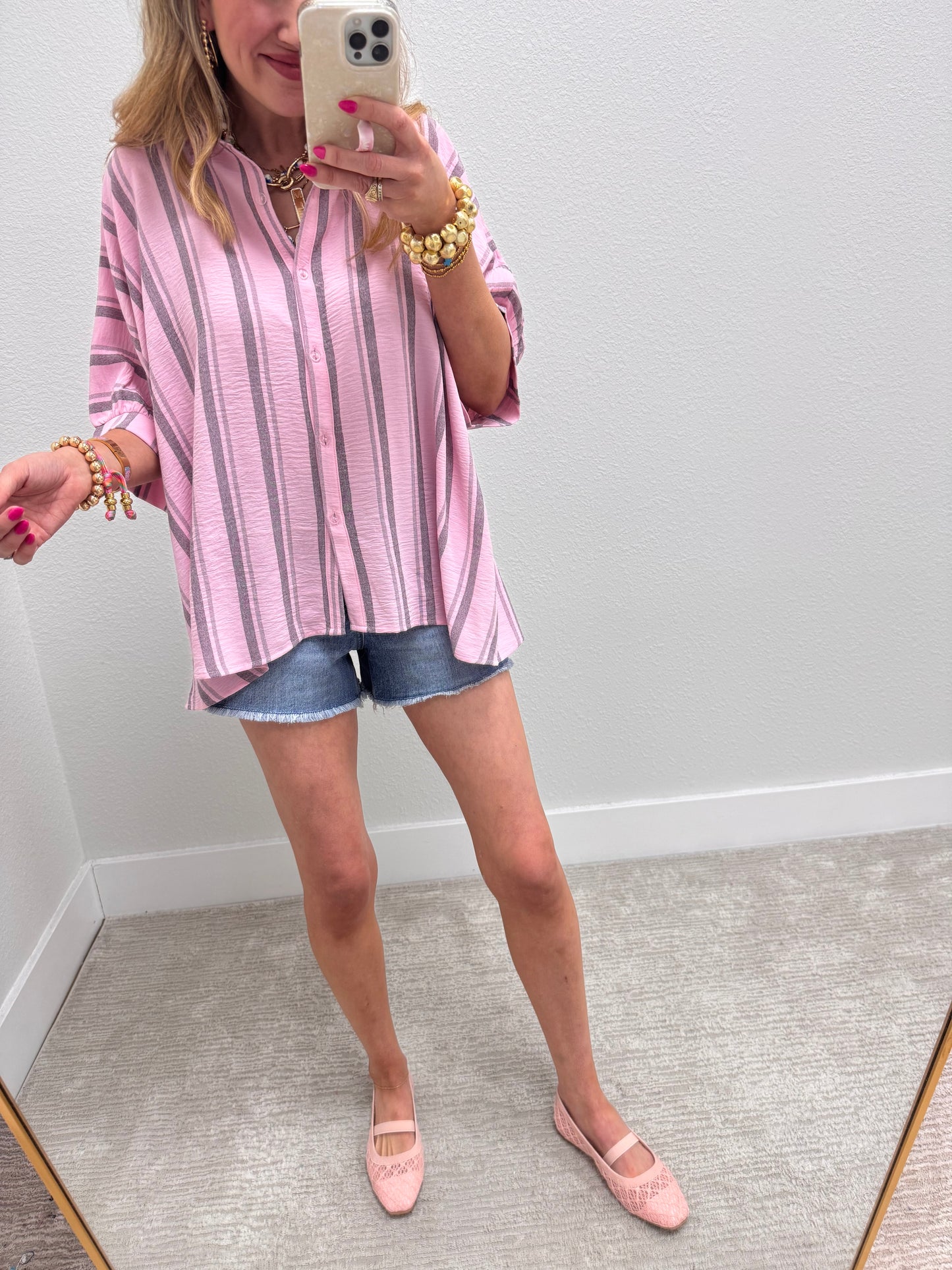 Pink Grey Woven Stripe Oversized Button Down Shirt