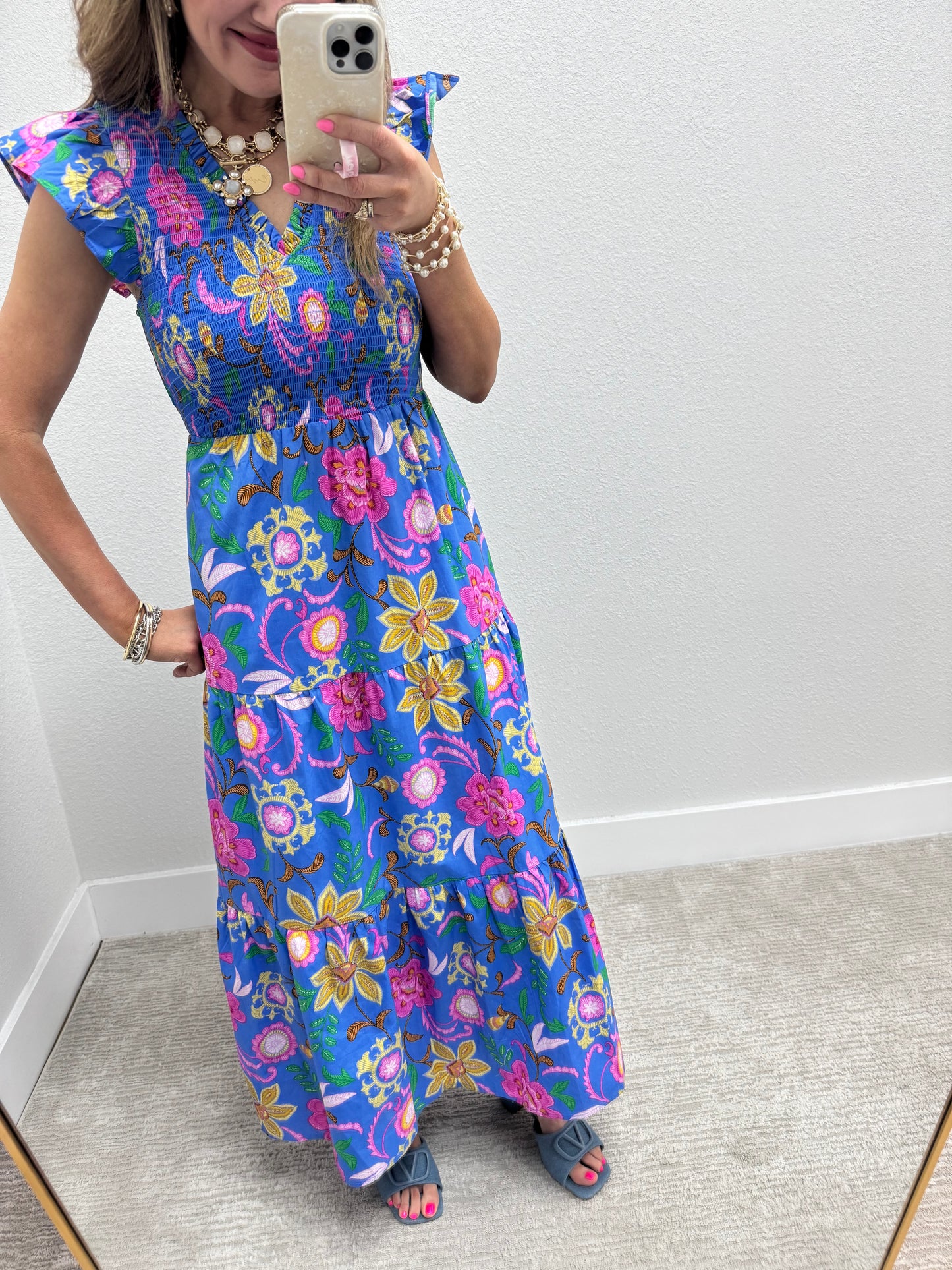 Blue Printed Smocked Top Midi Dress