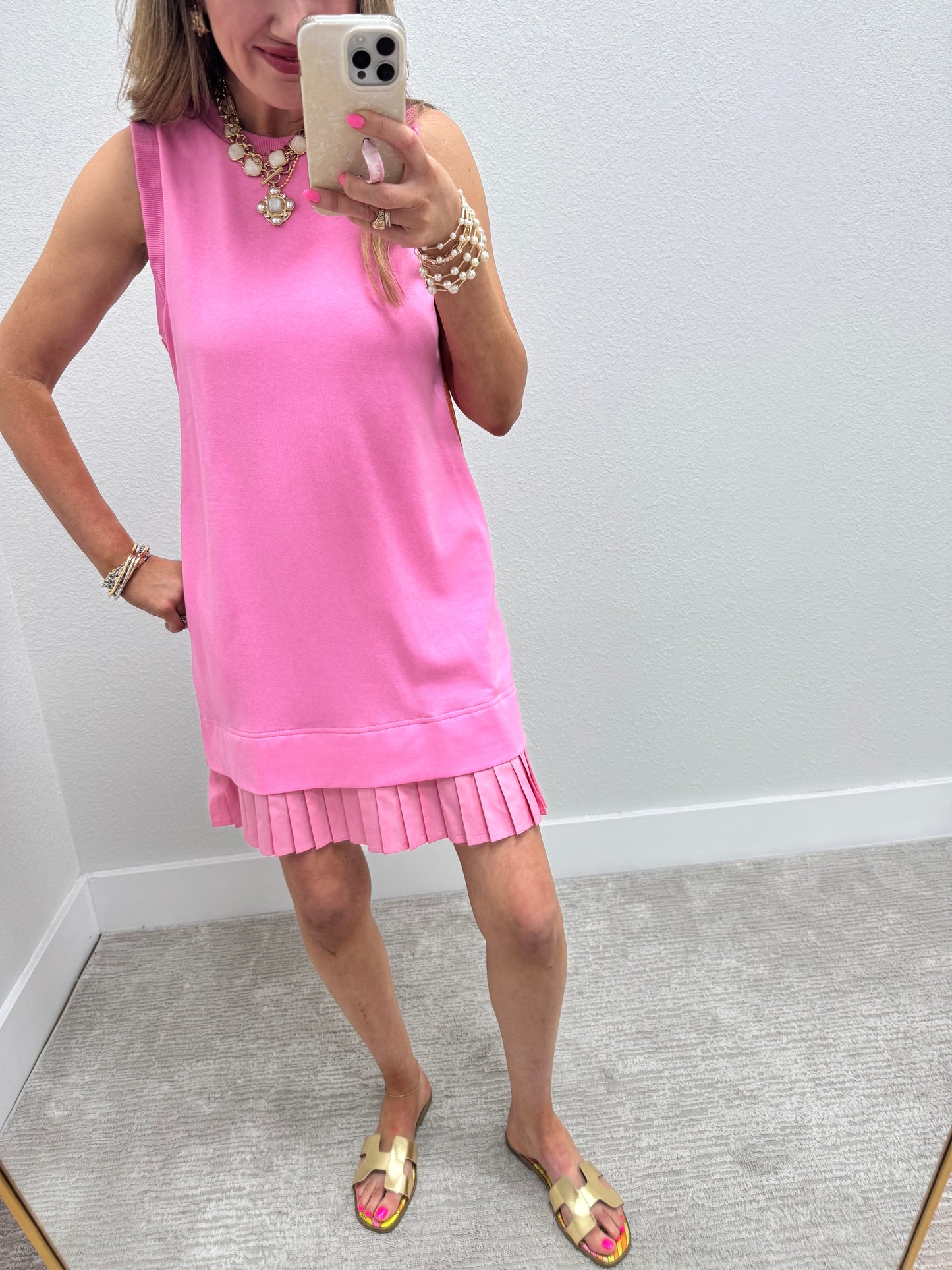 Pink and Orange Side Stripe Pleated Bottom Dress