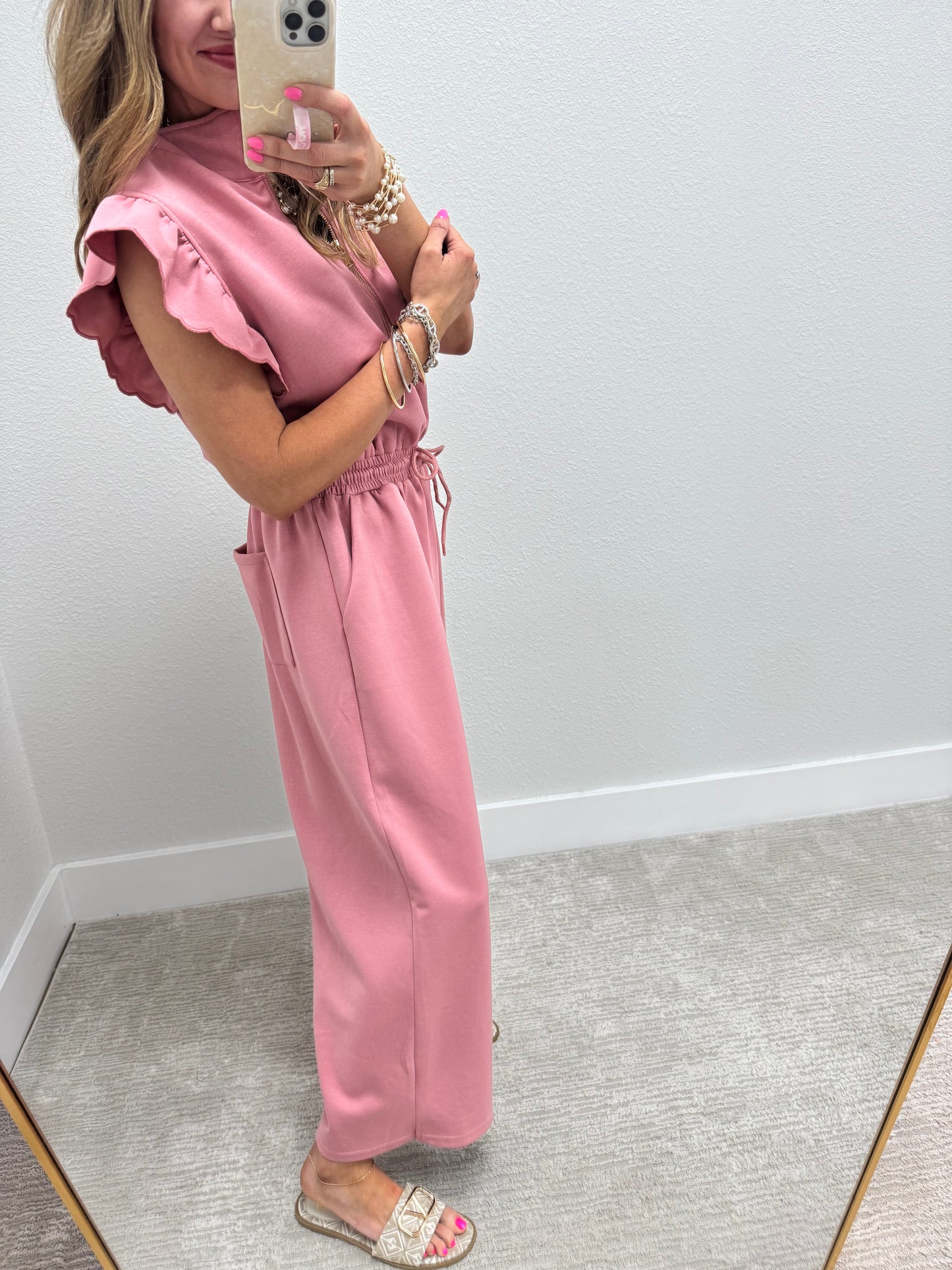 Antique Rose Scuba Scallop Sleeve Jumpsuit