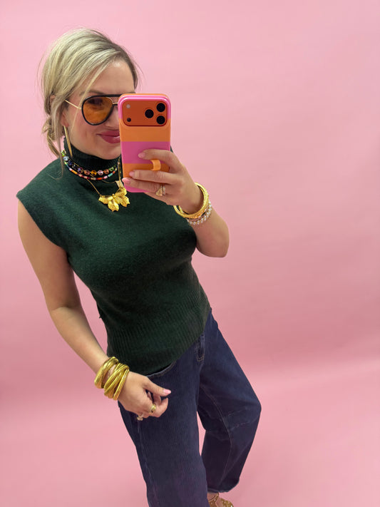 Deep Green High Neck Sleeveless Knit Top