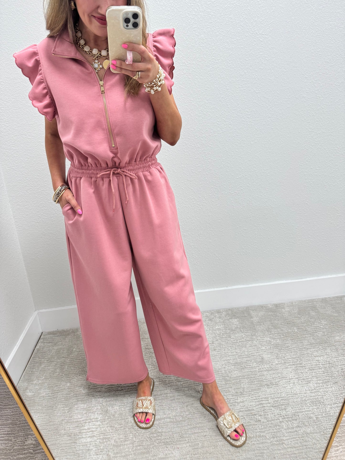Antique Rose Scuba Scallop Sleeve Jumpsuit