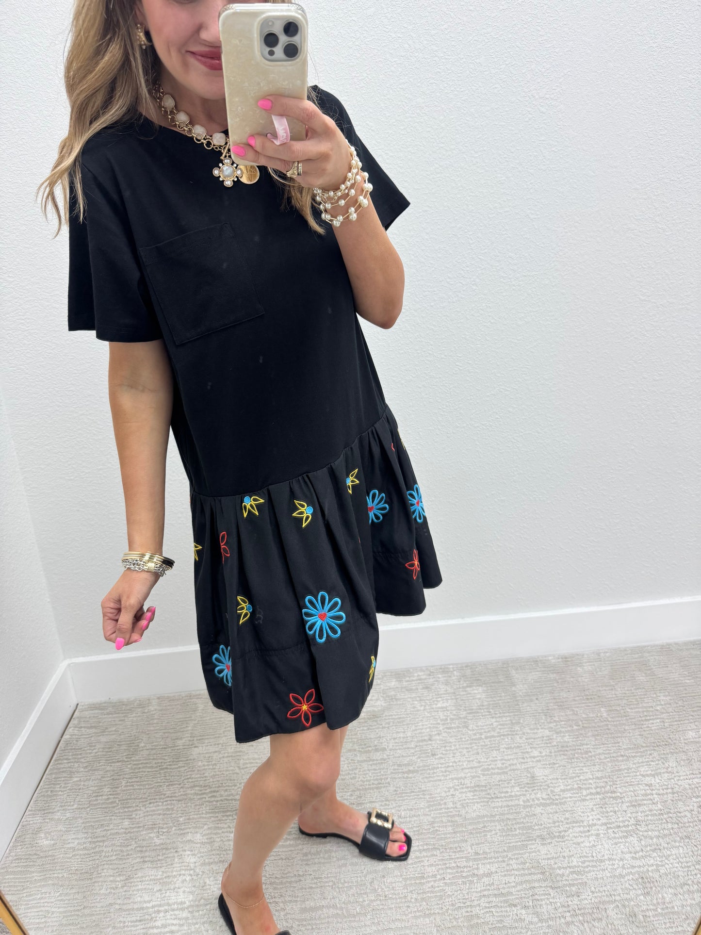 Black Embroidery Detail Solid Mini Dress with Pockets