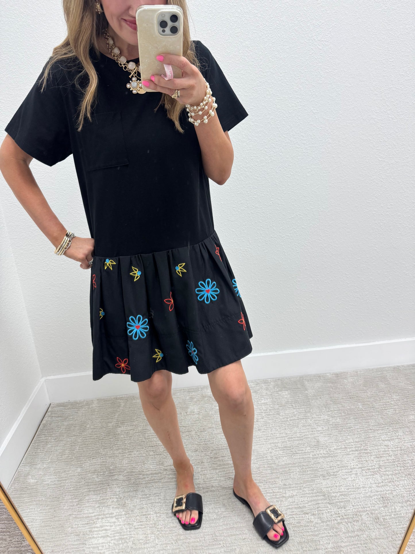 Black Embroidery Detail Solid Mini Dress with Pockets