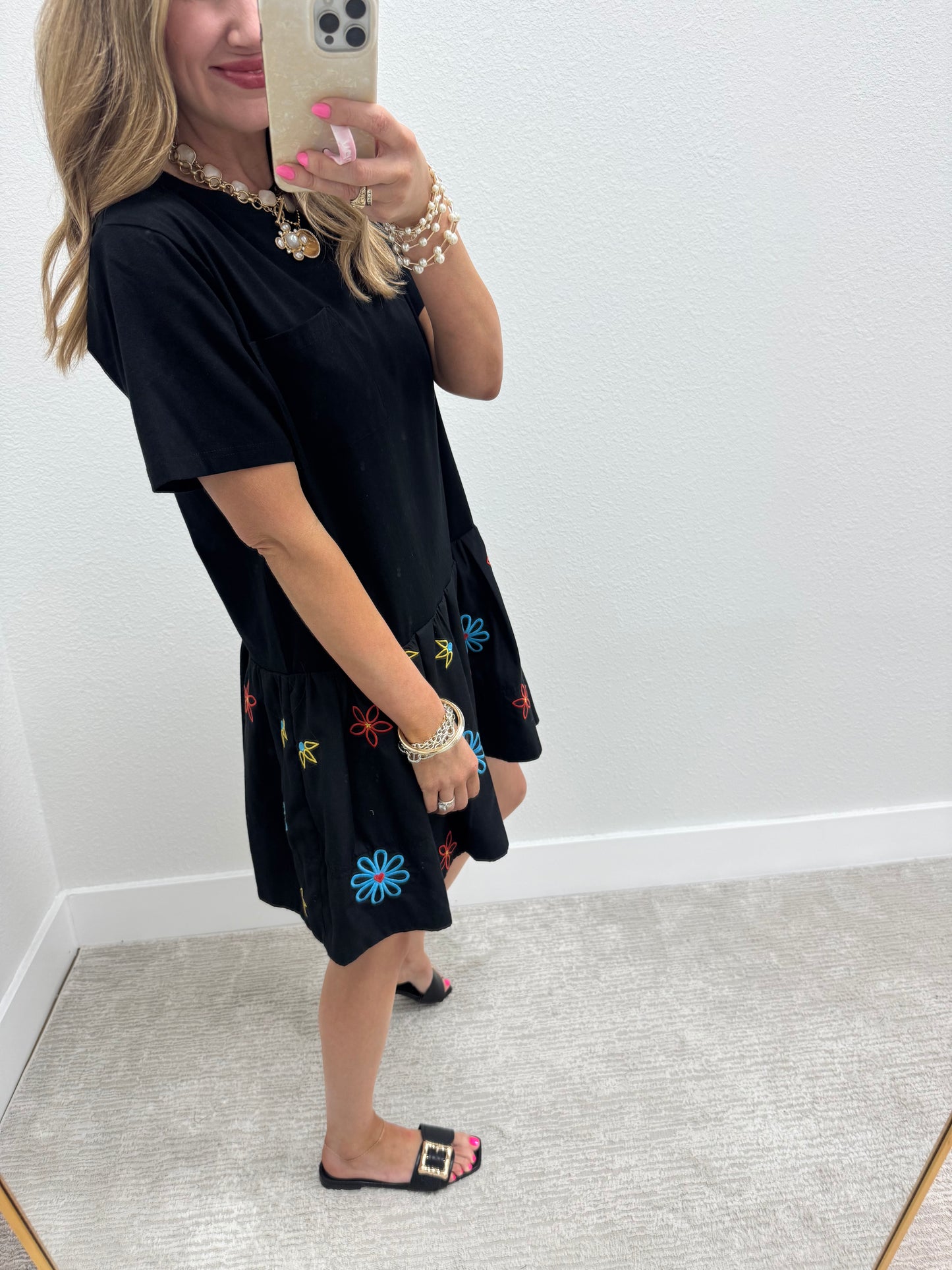 Black Embroidery Detail Solid Mini Dress with Pockets