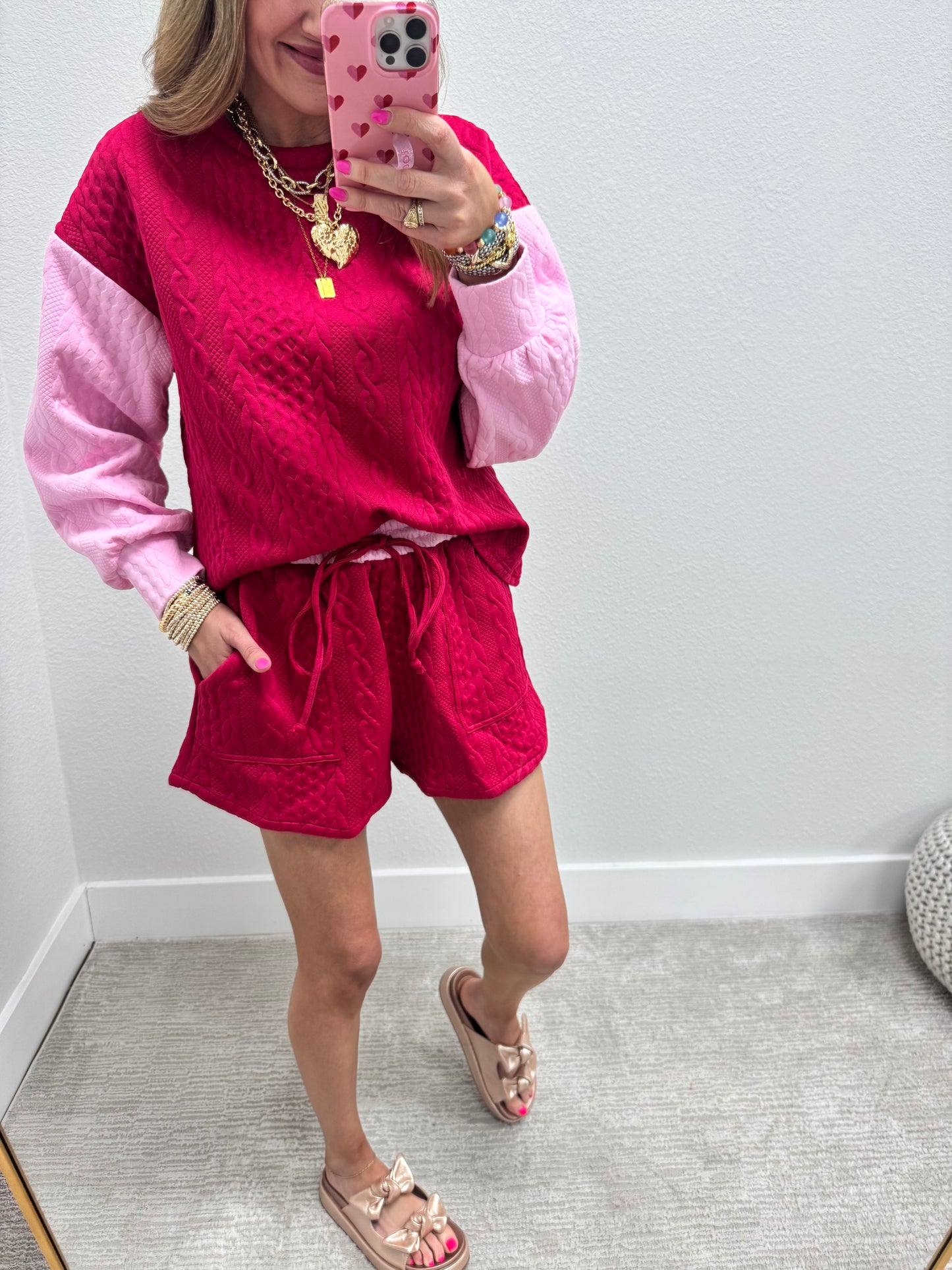 Raspberry and Pink Quilted Two Piece Long Sleeve Short Set
