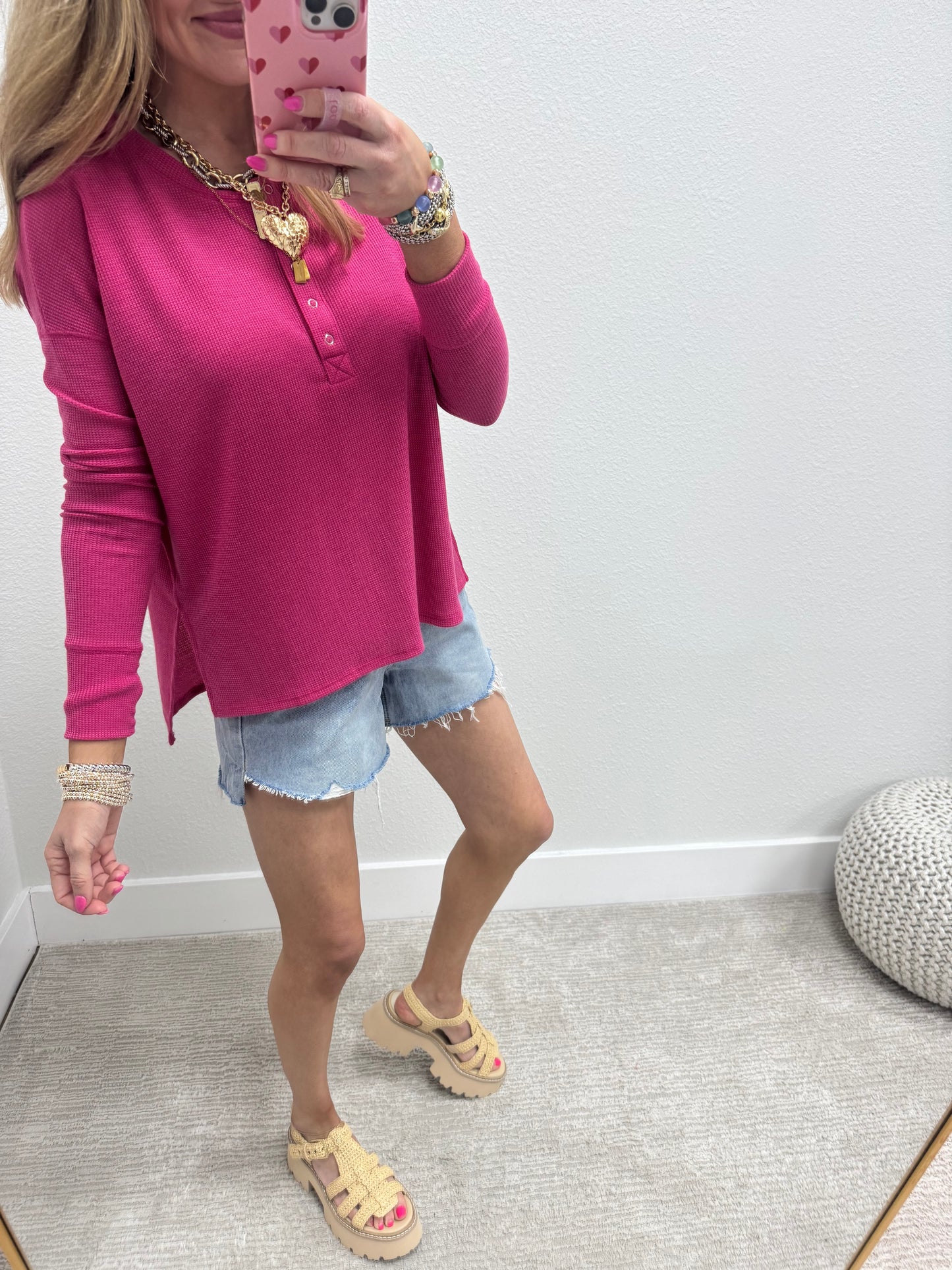 Pink Waffle Long Sleeve Henley Top