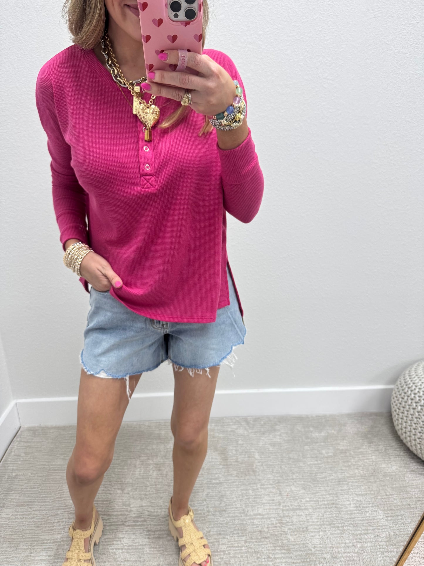 Pink Waffle Long Sleeve Henley Top