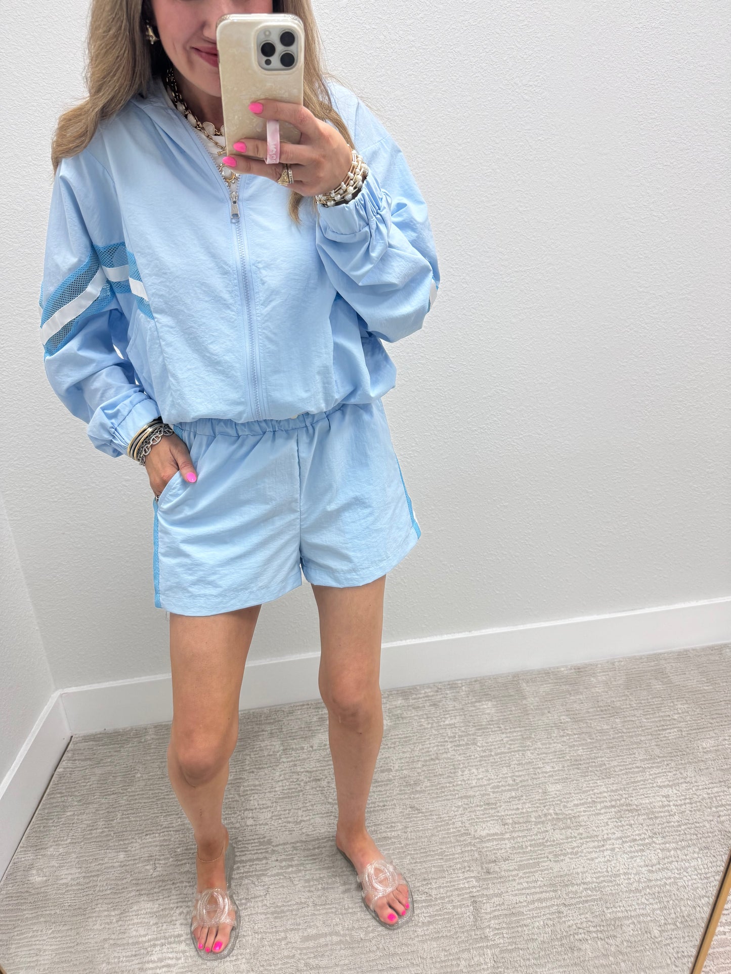 Blue and White Two Piece Windbreaker Set