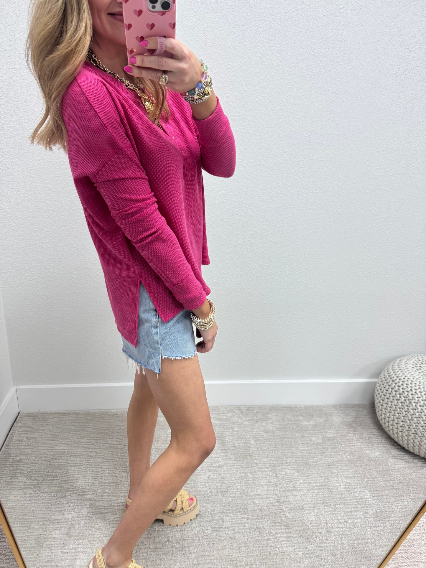 Pink Waffle Long Sleeve Henley Top