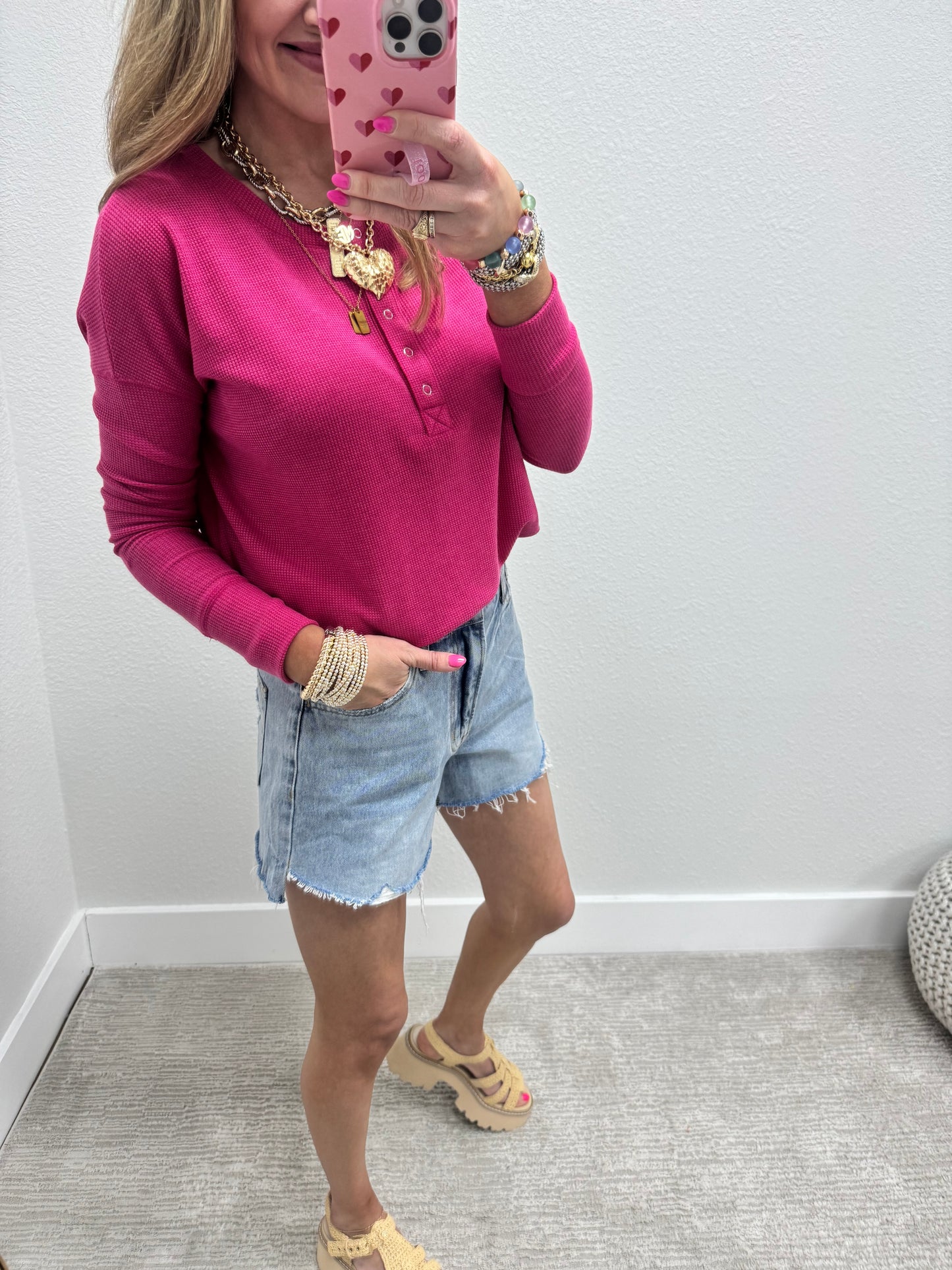 Pink Waffle Long Sleeve Henley Top