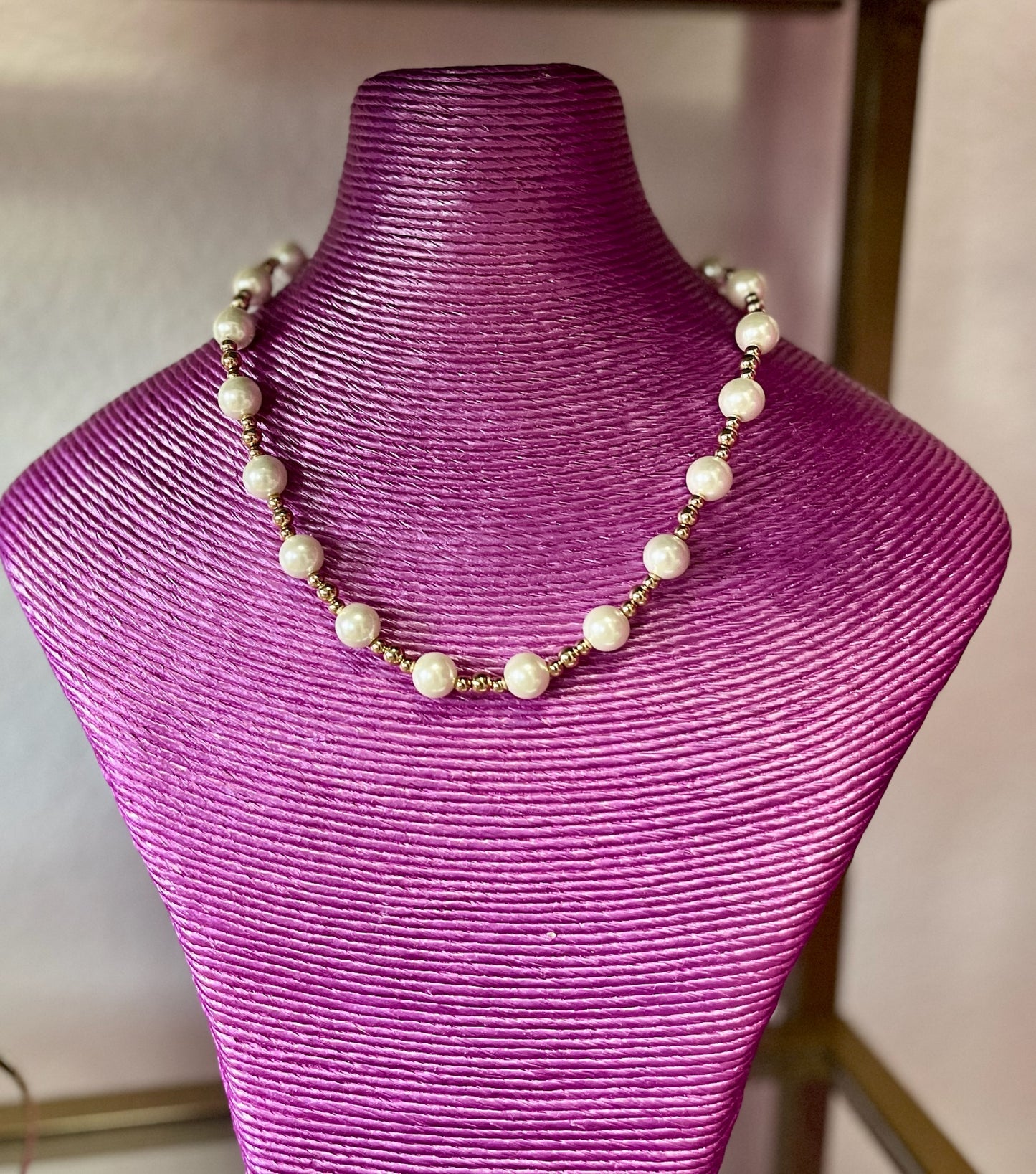 Water Resistant Style Pearl and Gold Bead Magnetic Necklace