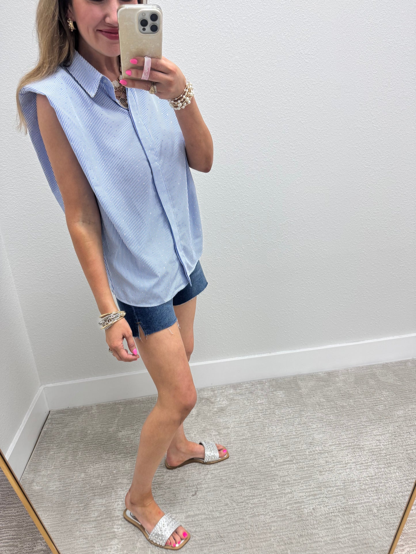 Blue and White Stripe Embellished Shoulder Pad Top