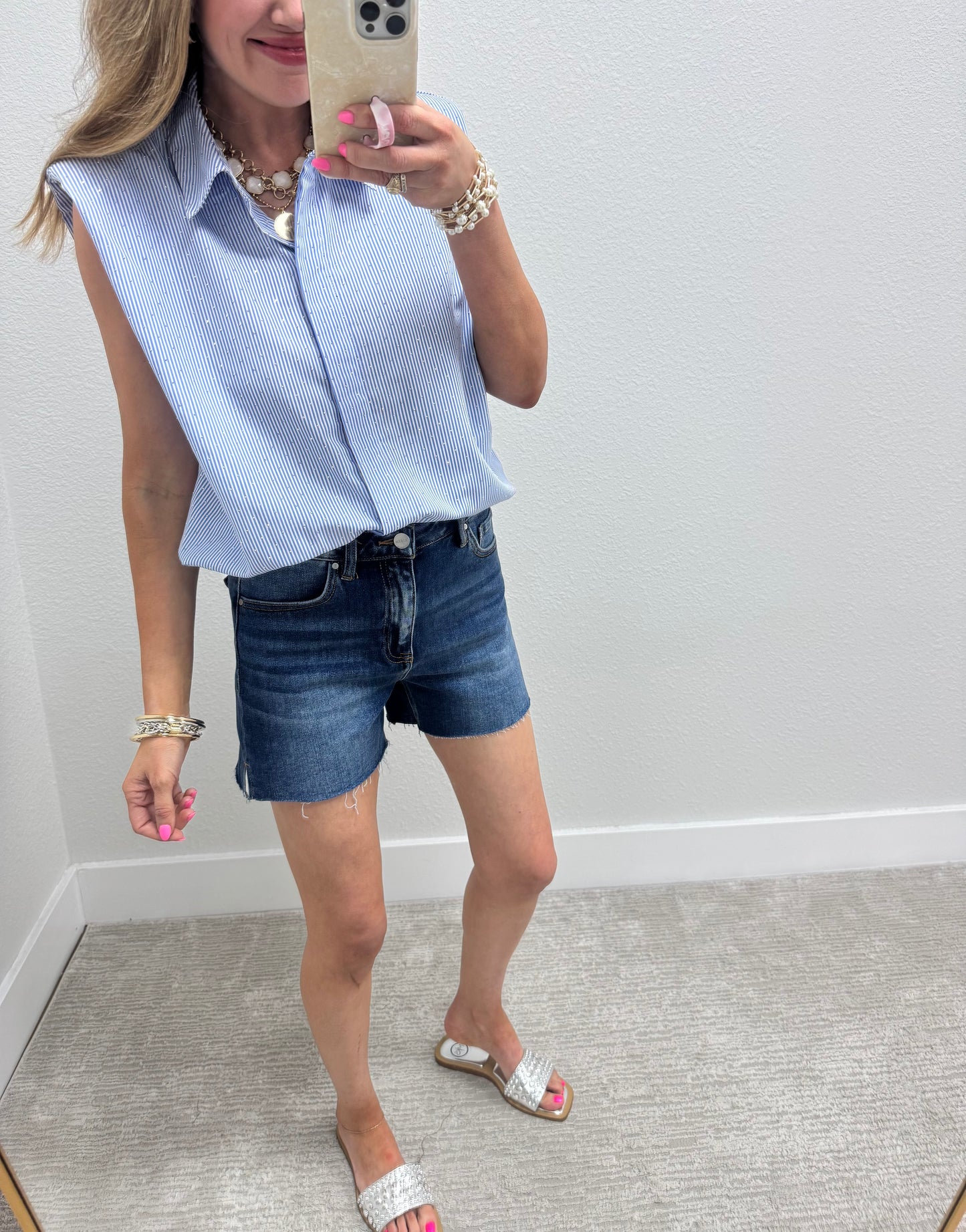 Blue and White Stripe Embellished Shoulder Pad Top