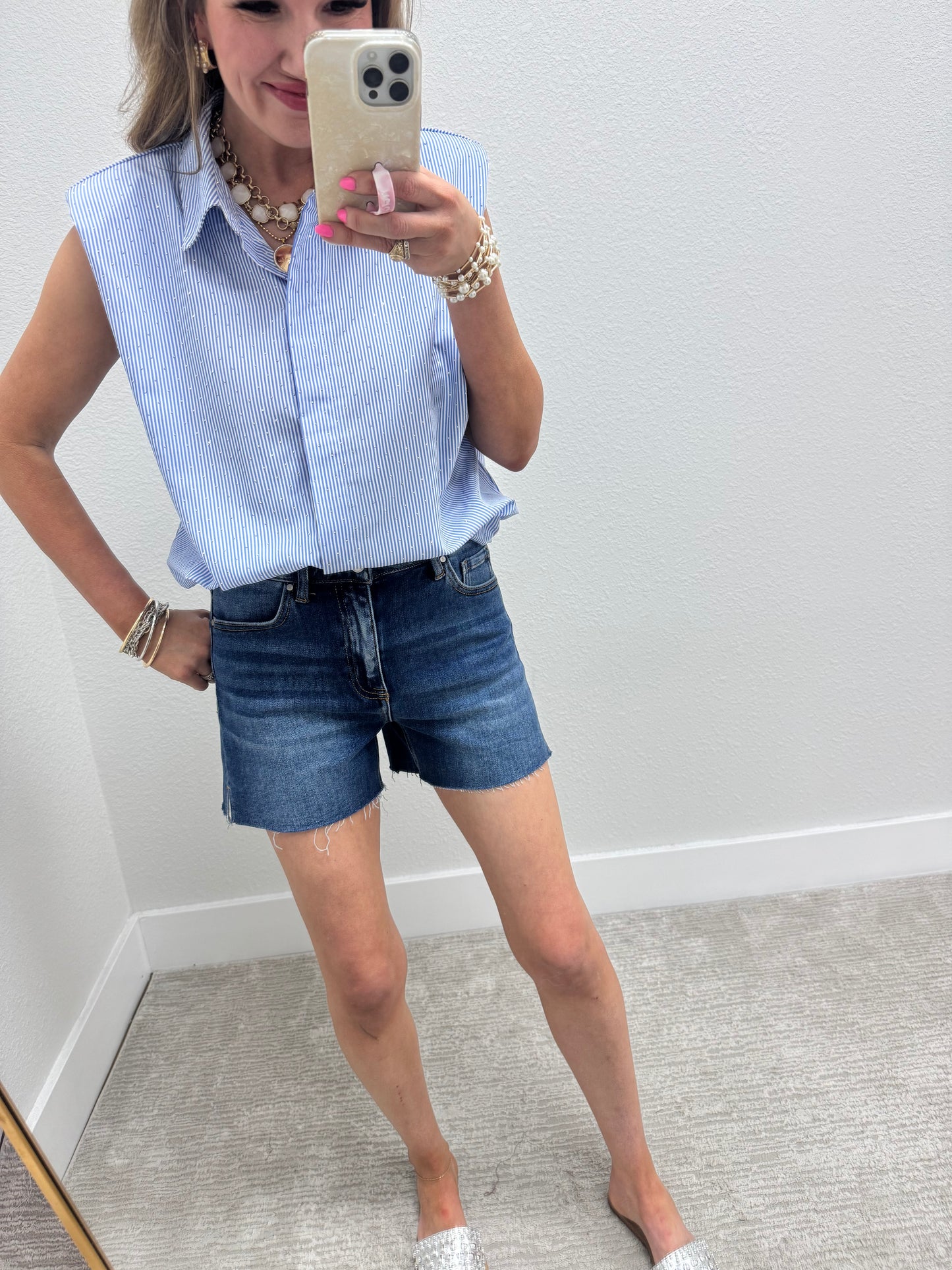Blue and White Stripe Embellished Shoulder Pad Top