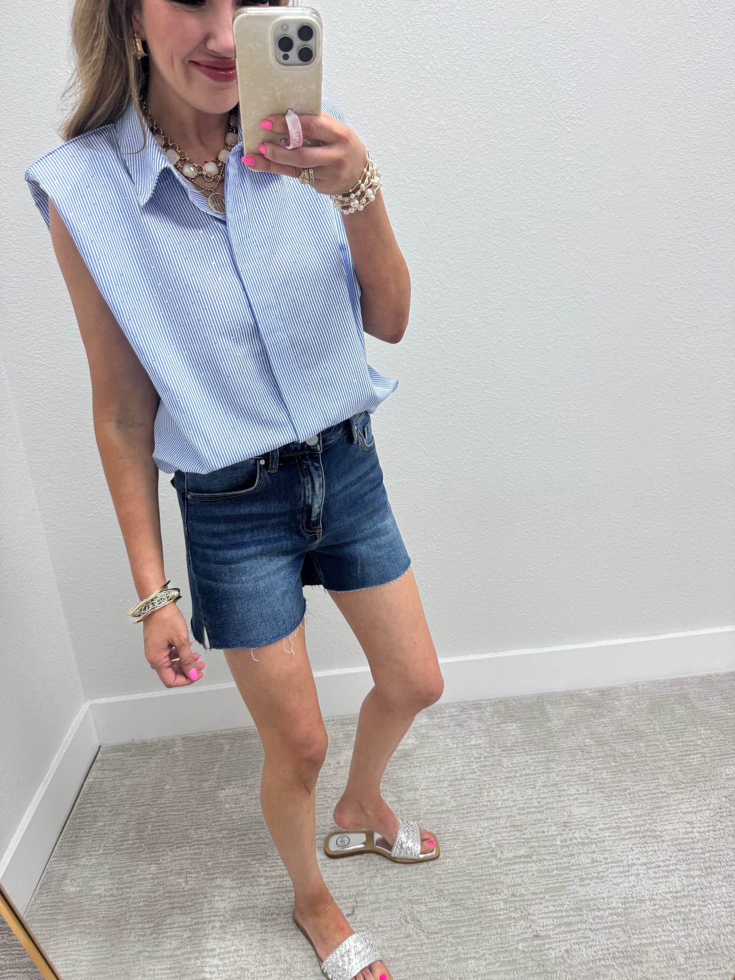 Blue and White Stripe Embellished Shoulder Pad Top