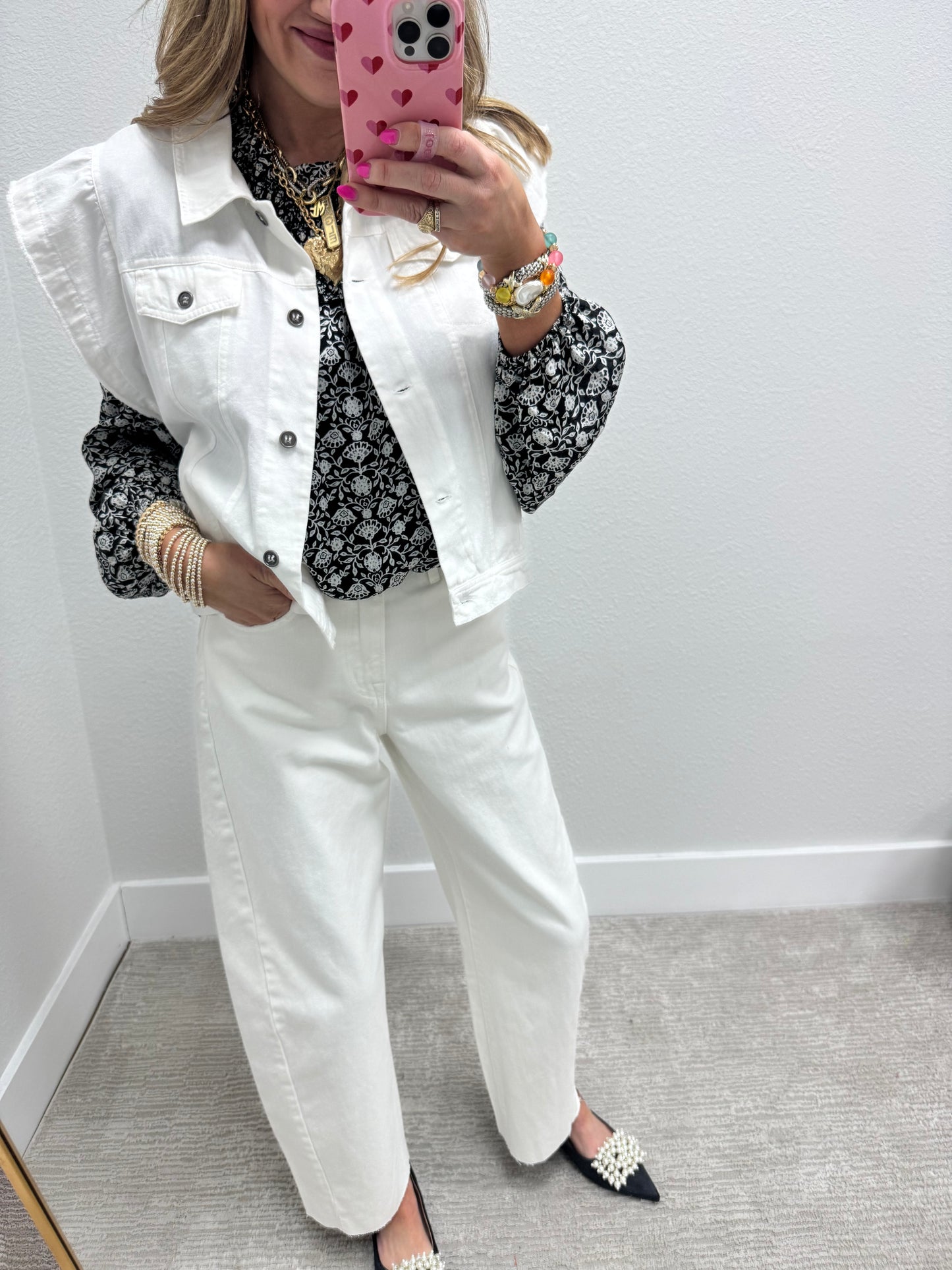 White Cotton Denim Ruffle Sleeve Vest