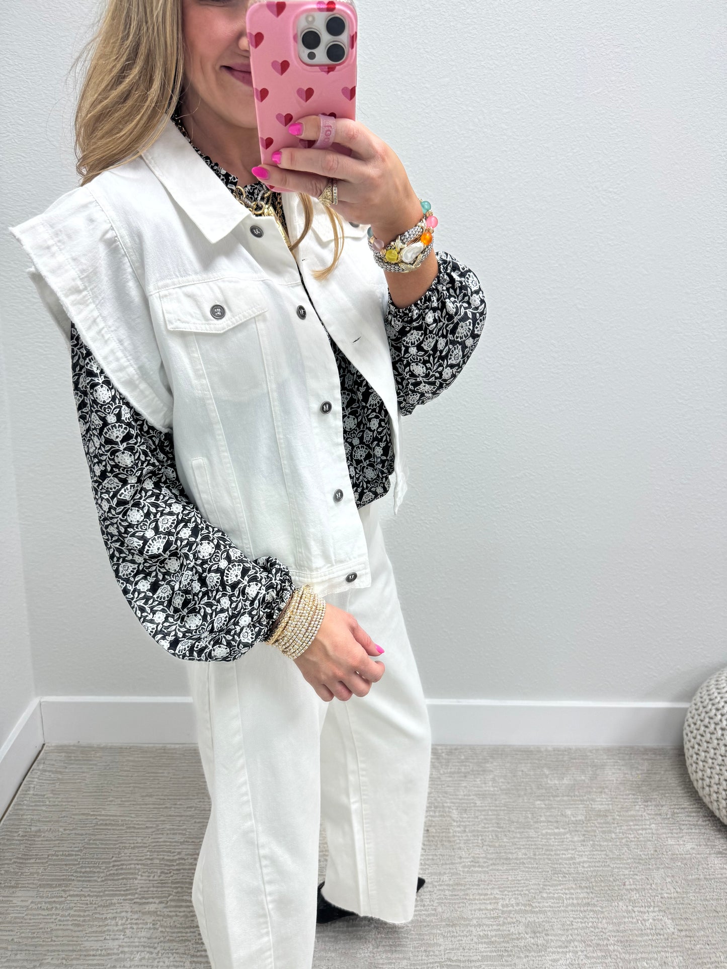 White Cotton Denim Ruffle Sleeve Vest