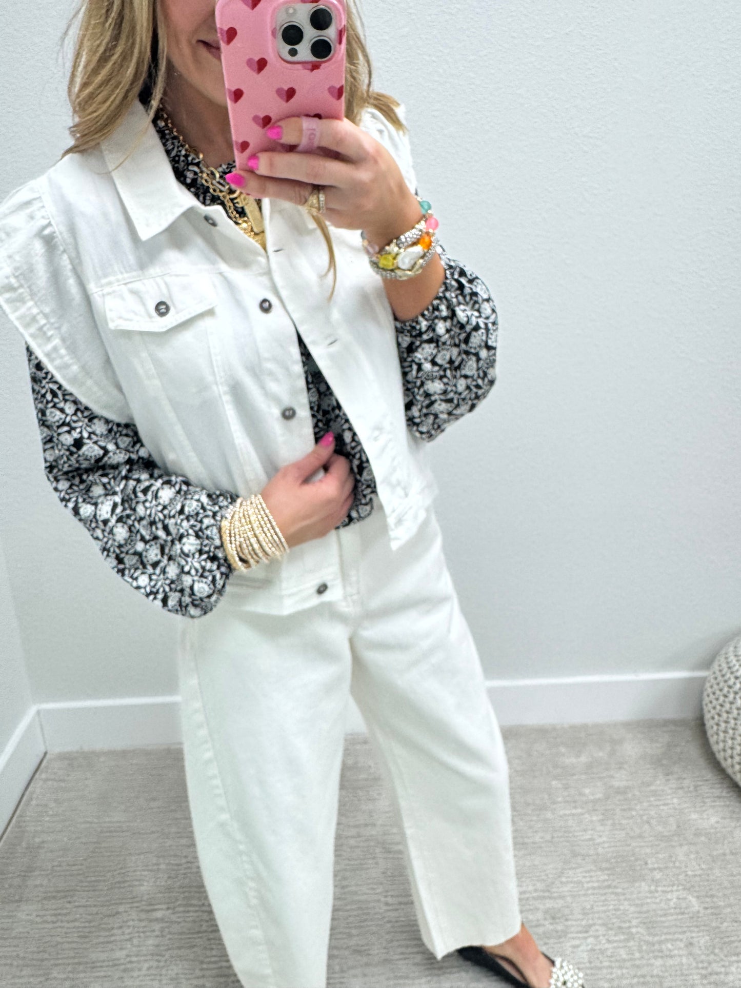 White Cotton Denim Ruffle Sleeve Vest