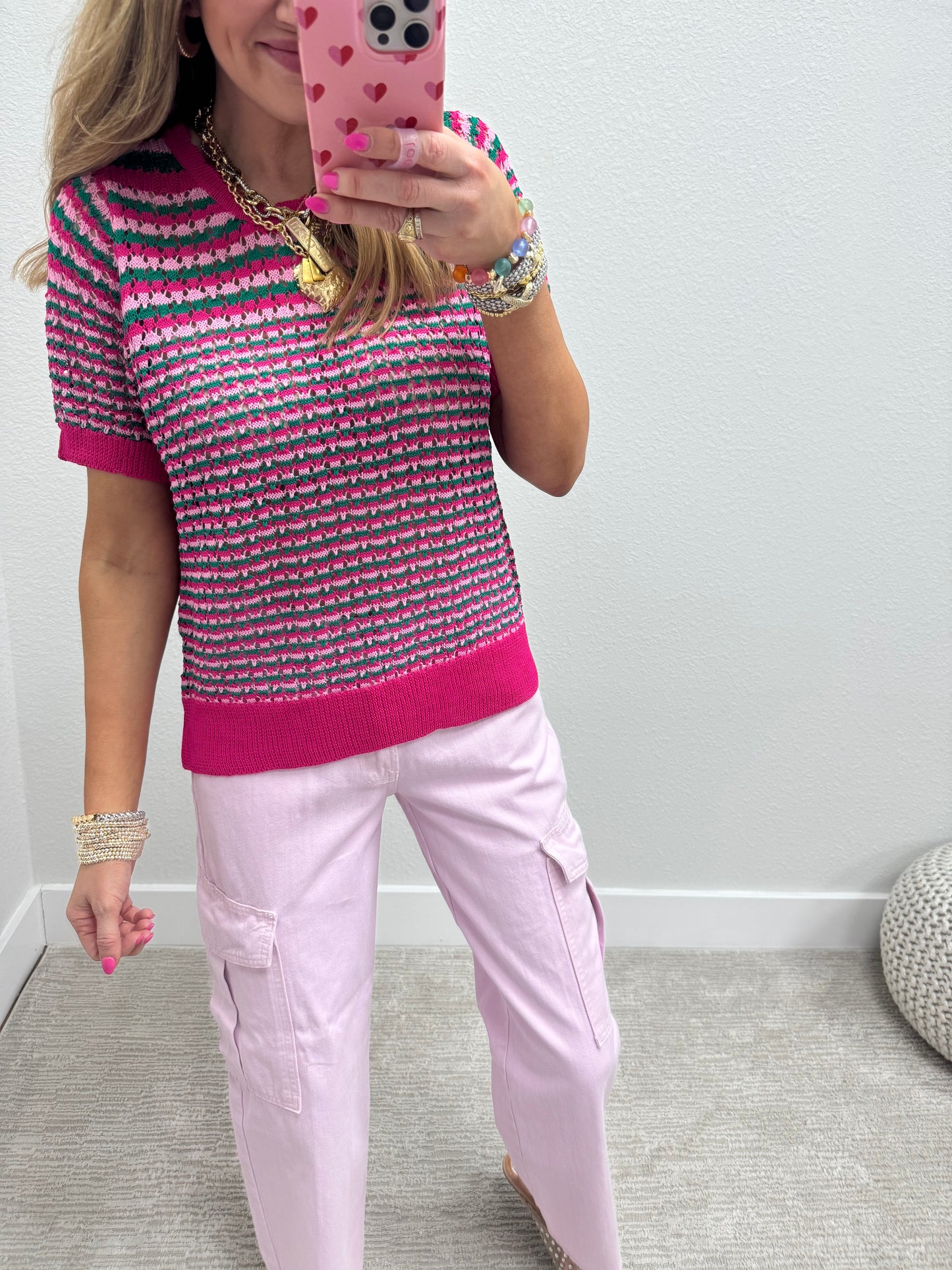 Hot Pink Multicolor Crochet Knit Top