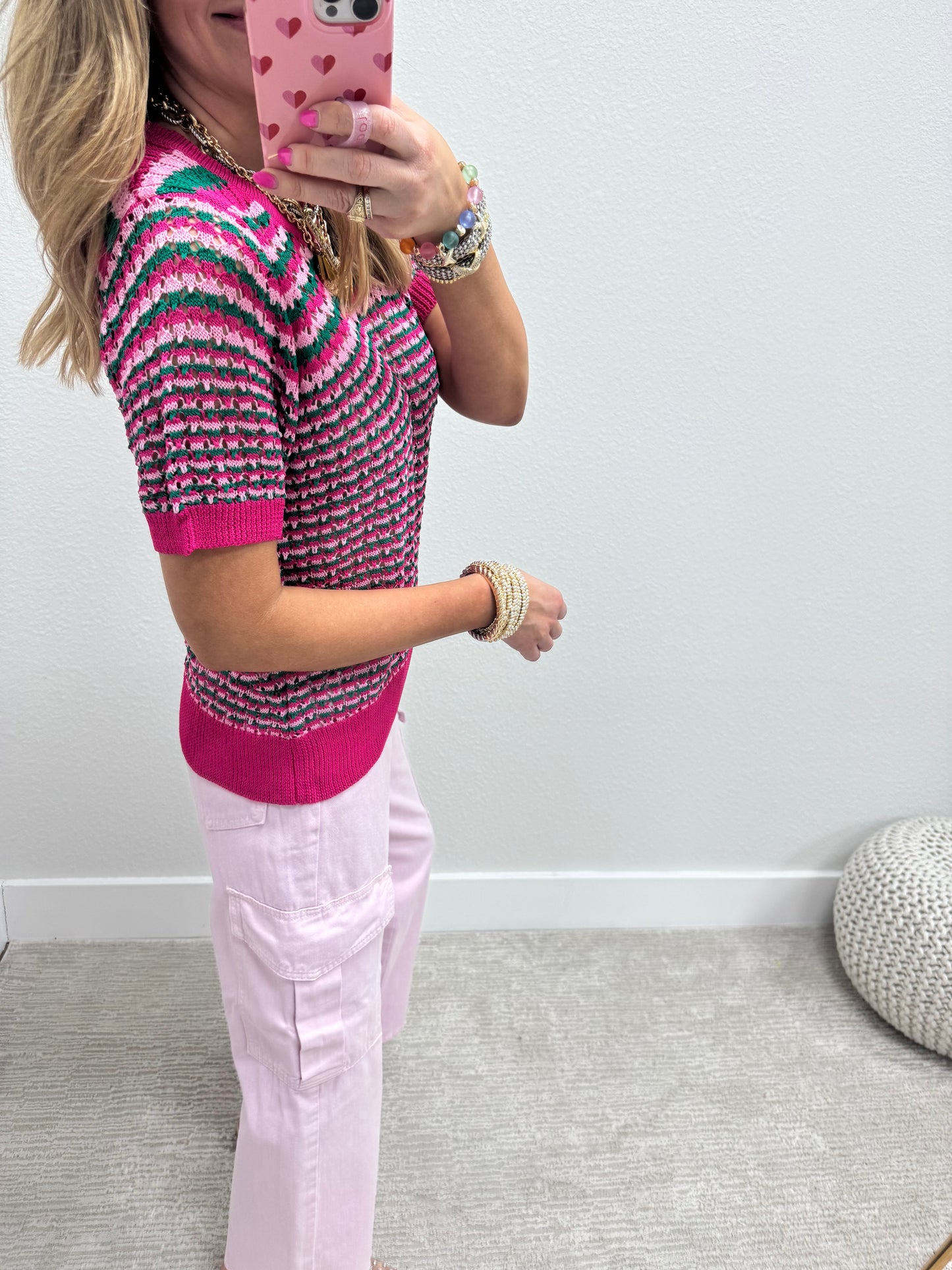Hot Pink Multicolor Crochet Knit Top