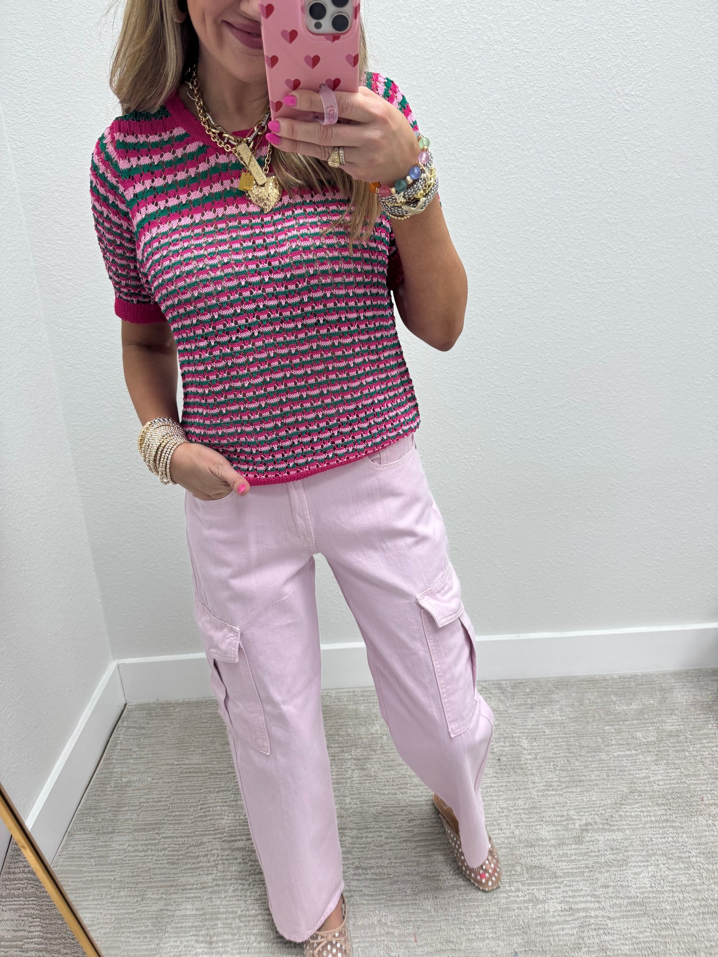 Hot Pink Multicolor Crochet Knit Top