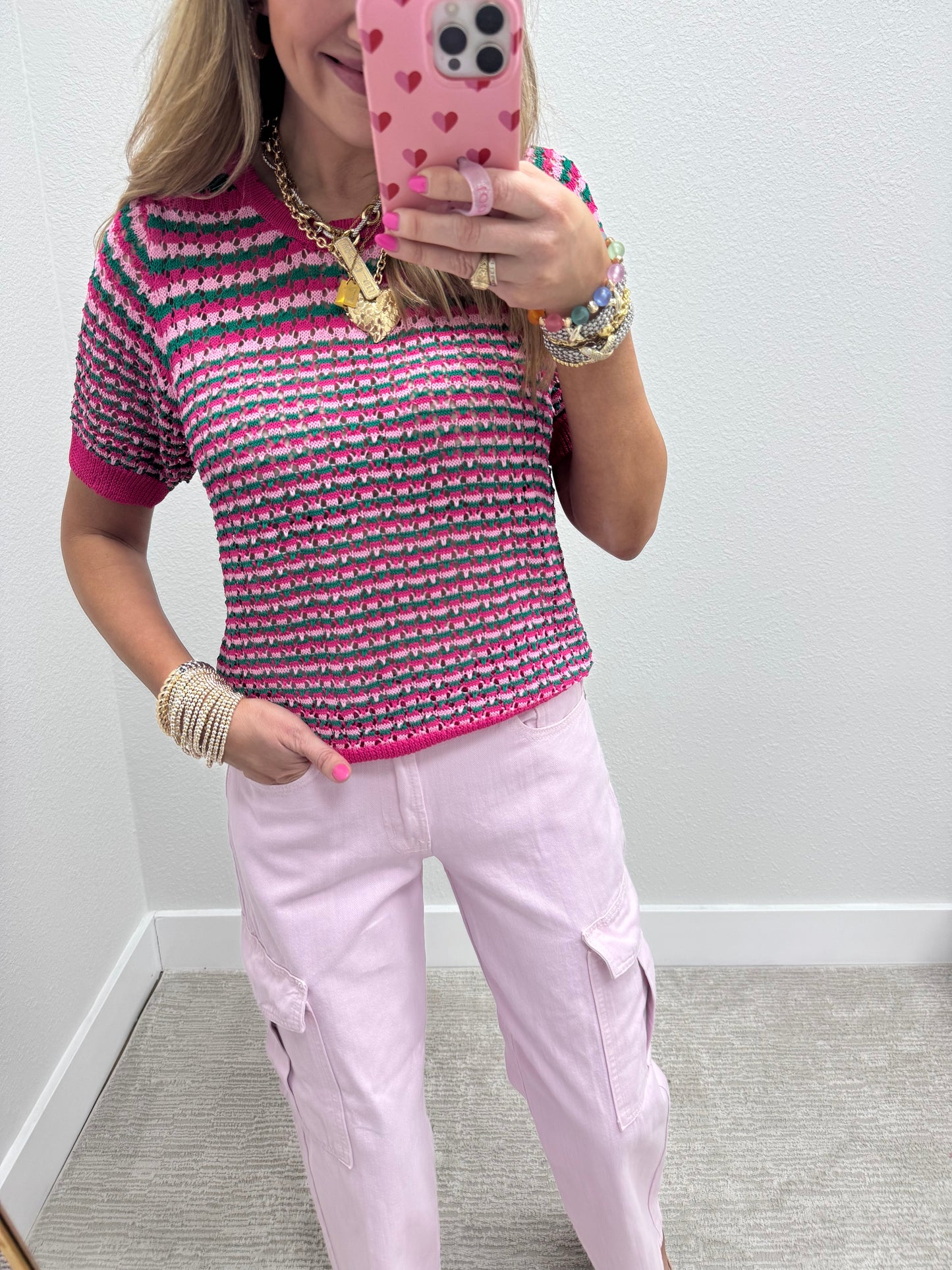 Hot Pink Multicolor Crochet Knit Top
