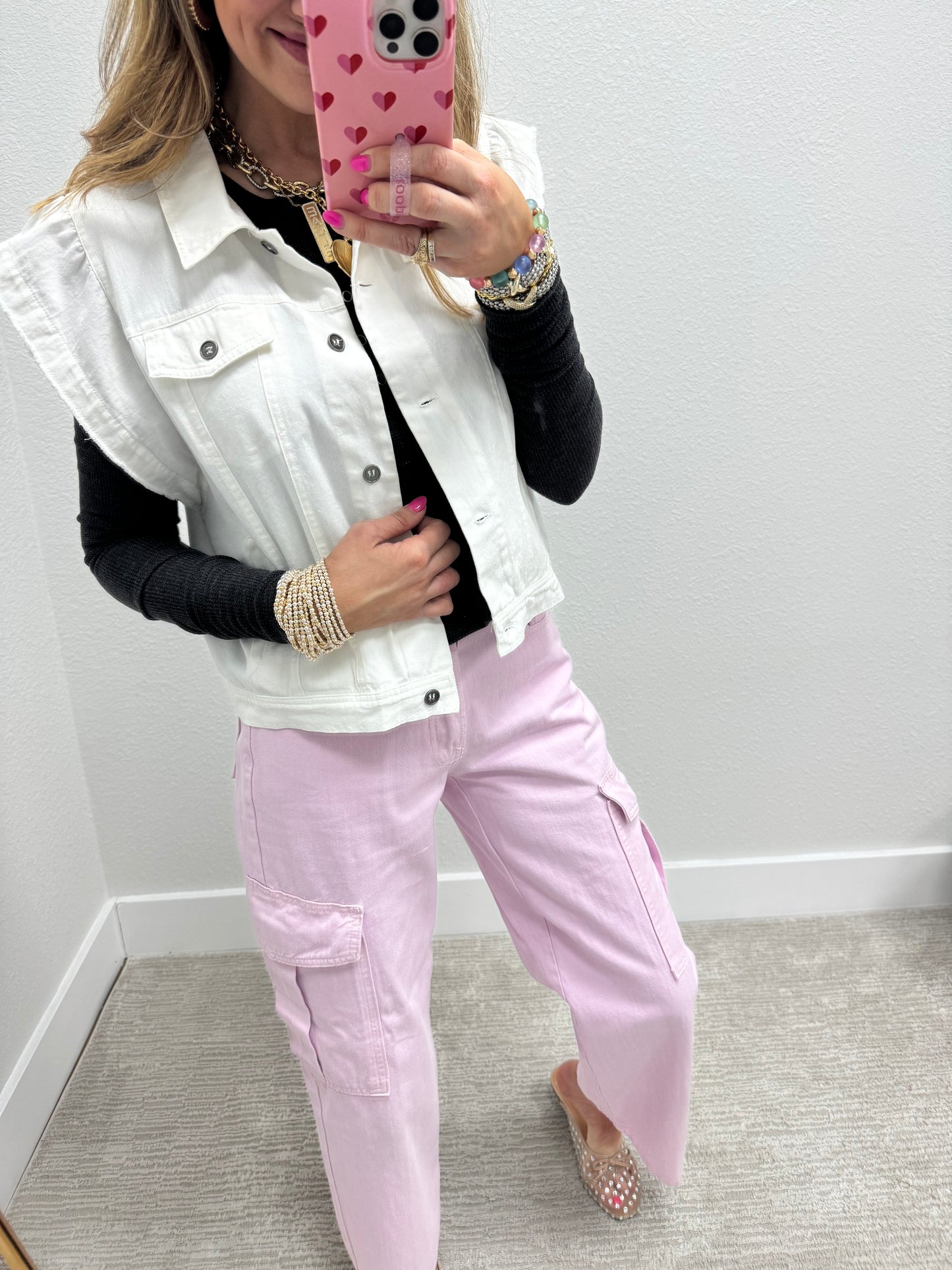 White Cotton Denim Ruffle Sleeve Vest