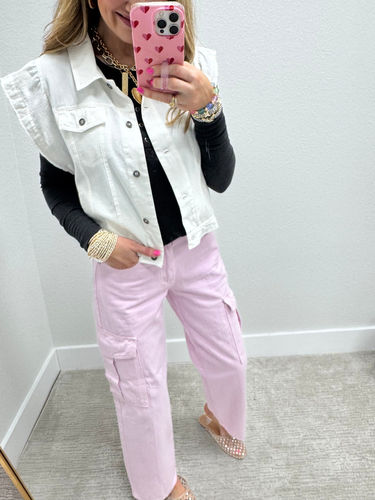 White Cotton Denim Ruffle Sleeve Vest
