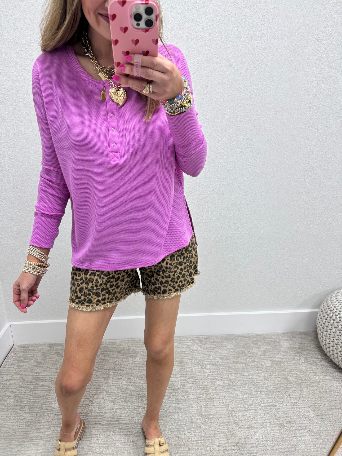 Mauve Waffle Long Sleeve Henley Top