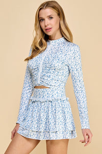Blue and White Floral Two Piece Skirt Set